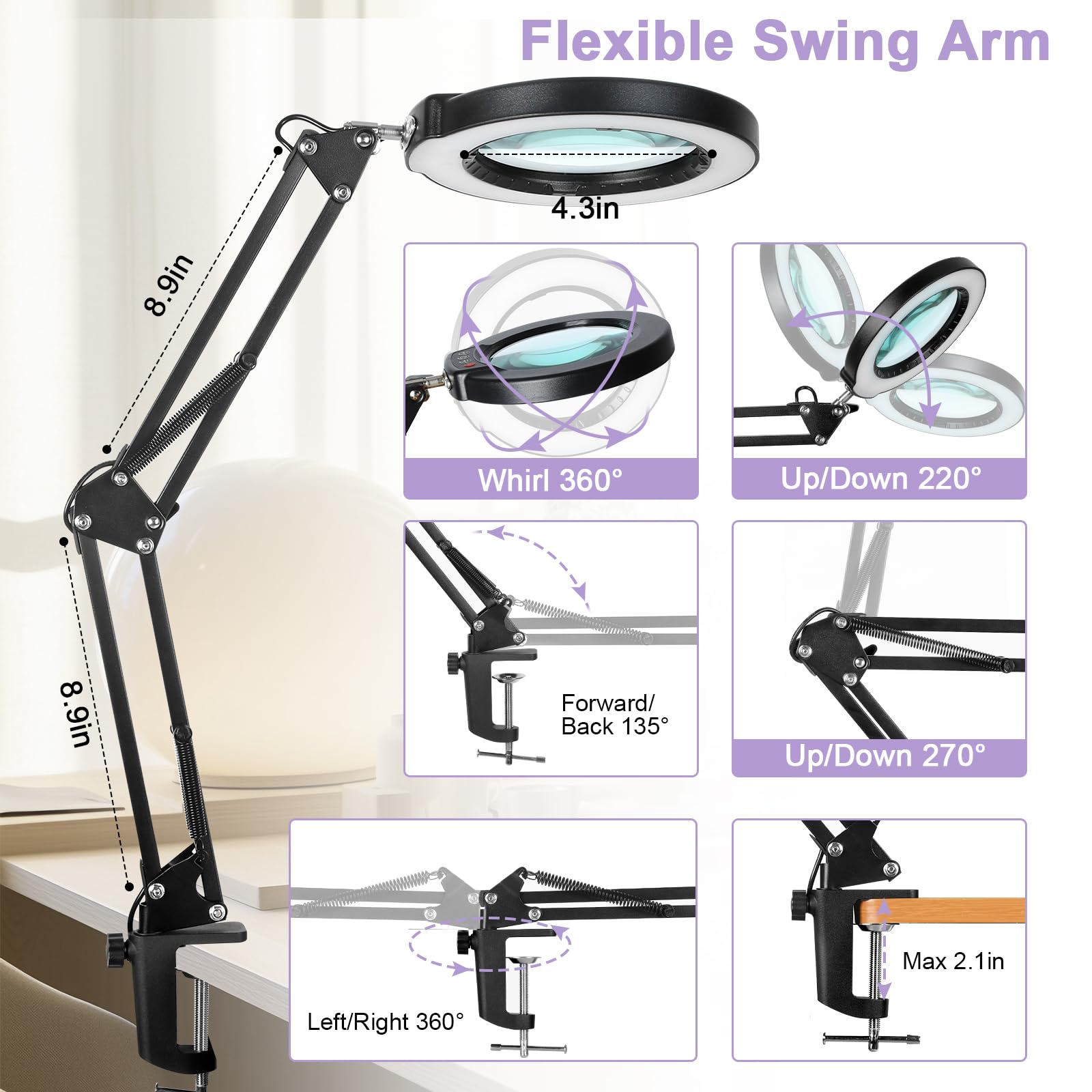Seylae 10X Magnifying Glass With Light And Clamp, Real Glass Lens Lighted Magnifier With Stand, 5 Color Modes Led Dimmable Magnifying Desk Lamp Hands Free For Crafts Jewelry Painting Sewing Close Work