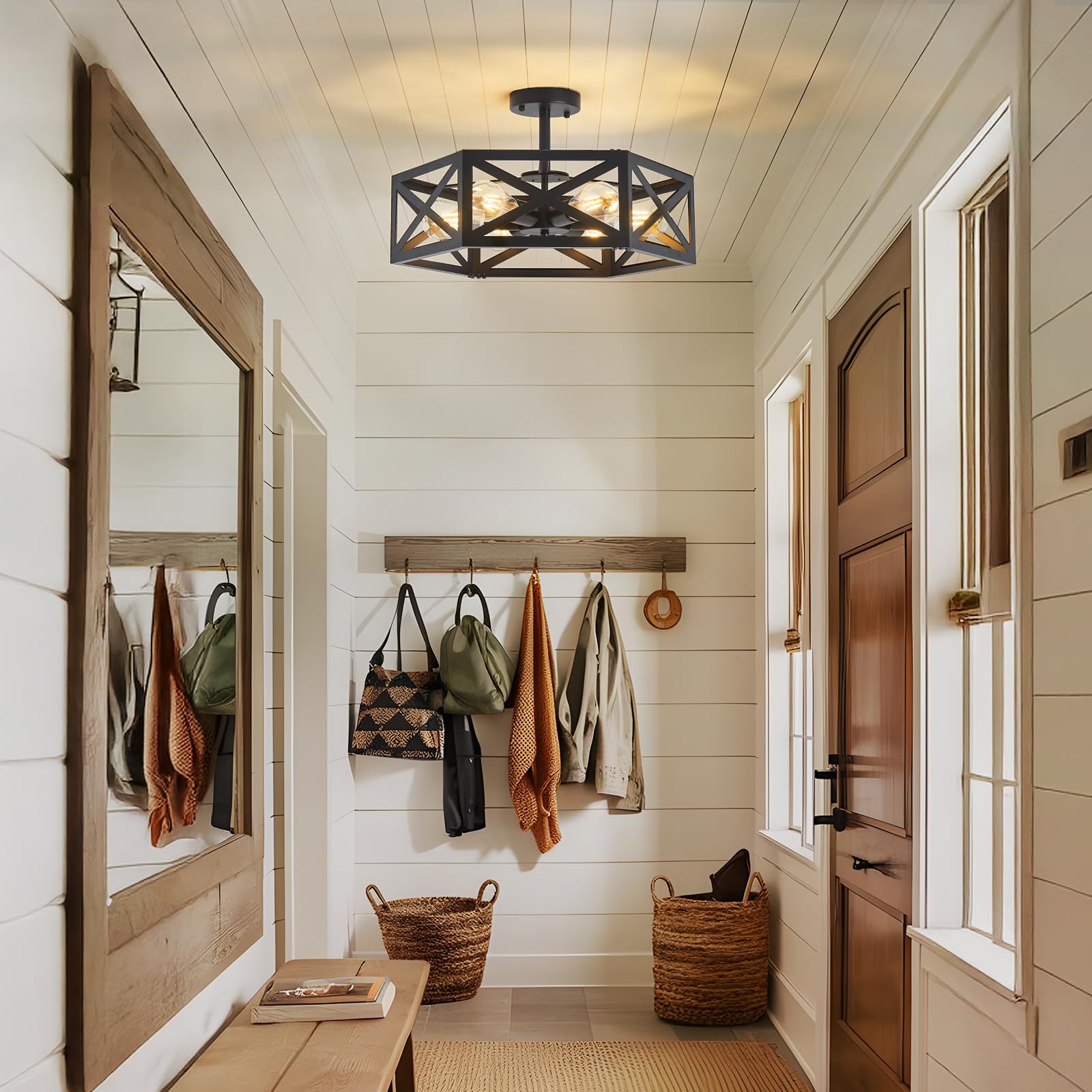 Oteedo Modern Semi Flush Mount Ceiling Light 19.7 6-Light Hexagon Flush Mount Ceiling Lights For Dining Room Light Fixture Farmhouse Black Metal Kitchen Island Lighting Fixtures For Hallway Bathroom