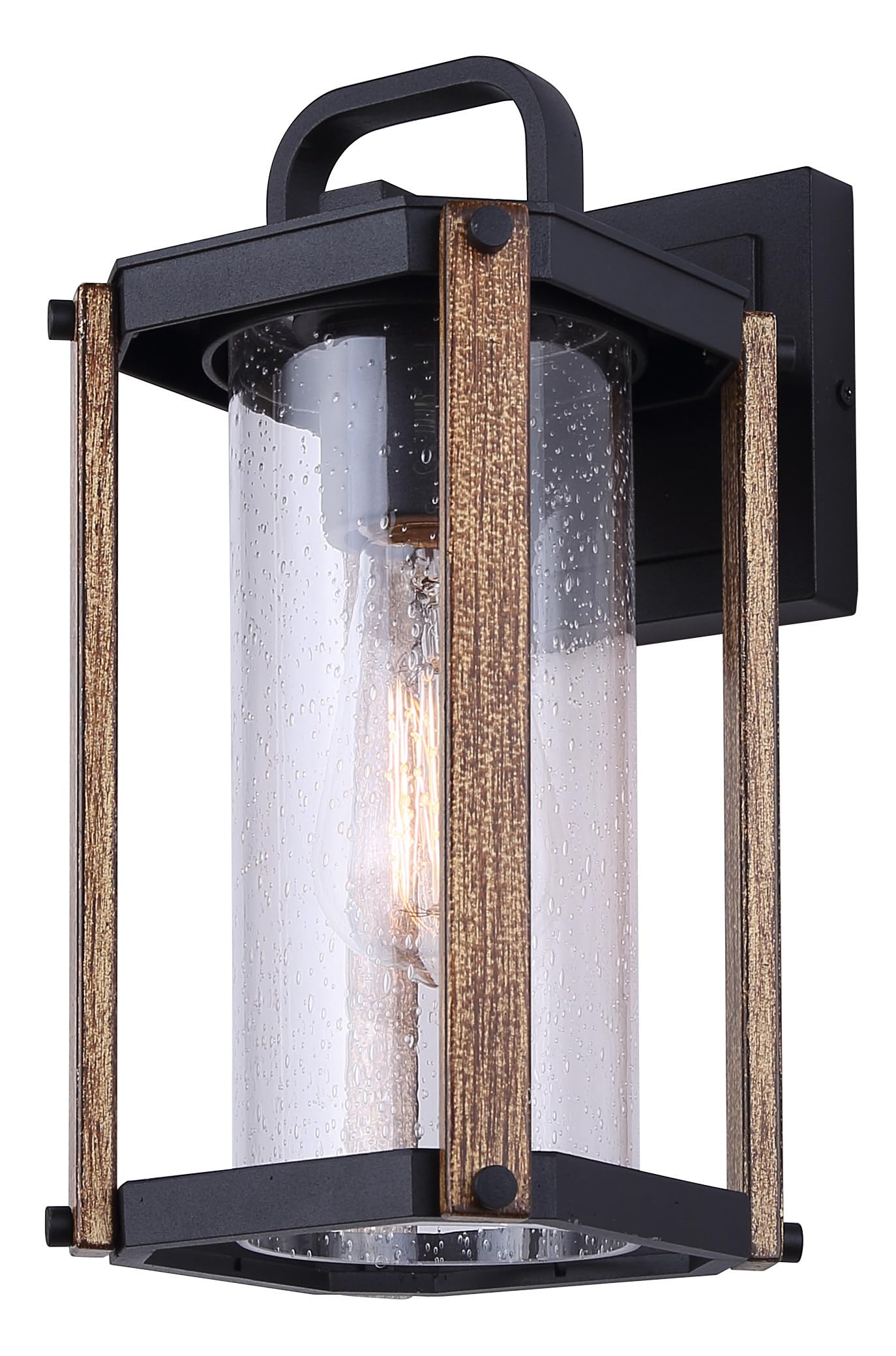 Canarm AKI 1-Light Outdoor Lantern, 7.5-Inch Black Wall Mounted with Wood Accent and Seeded Glass, Rustic Wet-Rated Lighting for