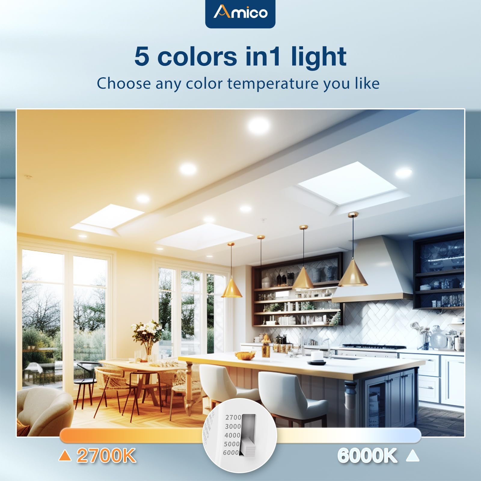 Amico 4 Inch LED Recessed Lighting 12 Pack, 5CCT Dimmable, IC Rated, 700LM, Model DLB01-D407T-700, Color