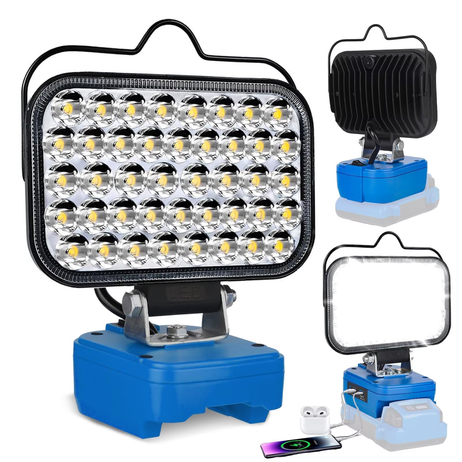 Fiihio Portable LED Work Light Compatible with Kobalt 24V Battery, 90W 7000LM Cordless Flood Light with USB & Type-C Ports, Two 