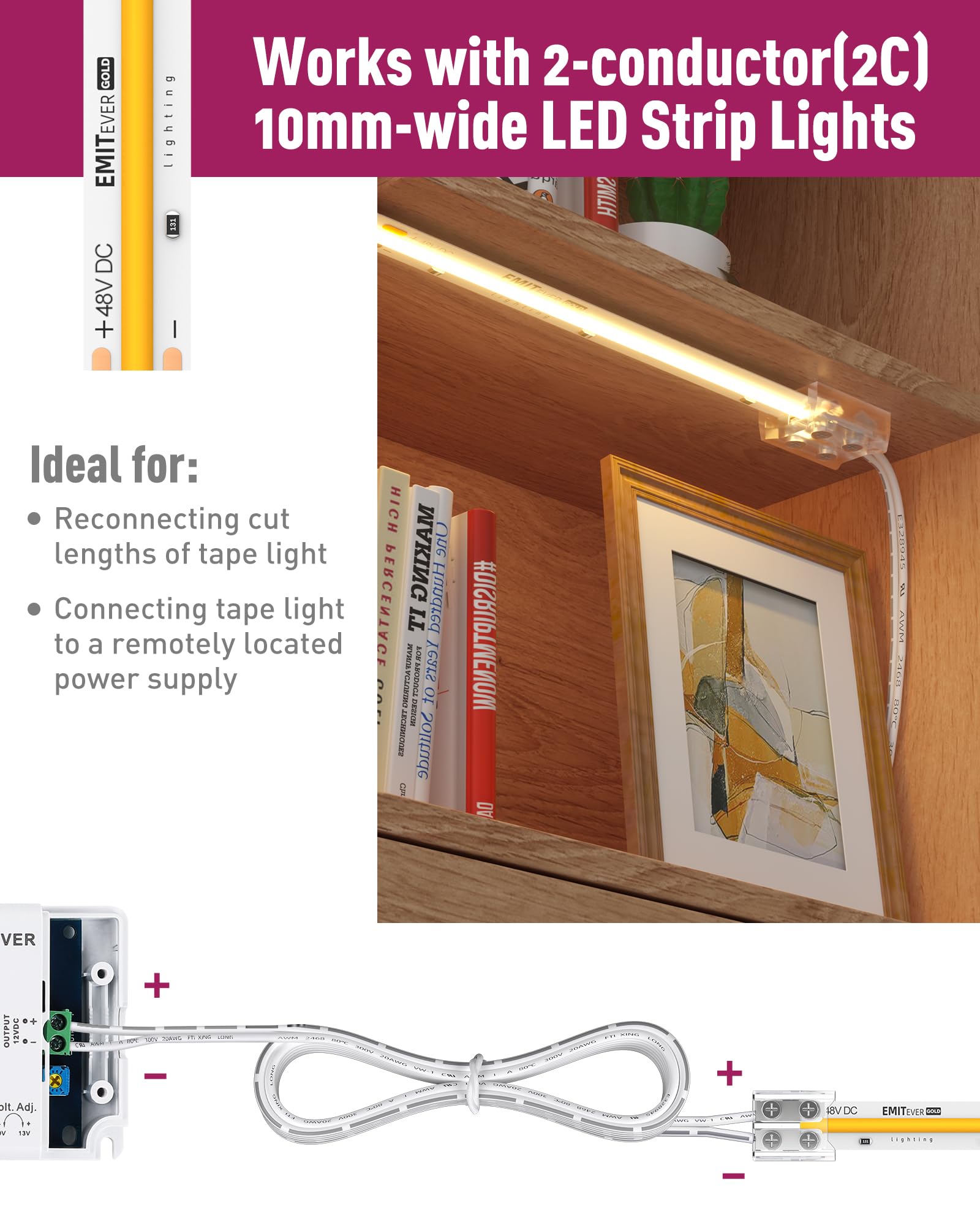 Emitever 10Mm Led Strip Connectors,2 Packs Led Tape Light Connector 2 Pin Solderless Tighten Screw Transparent Light Extension C
