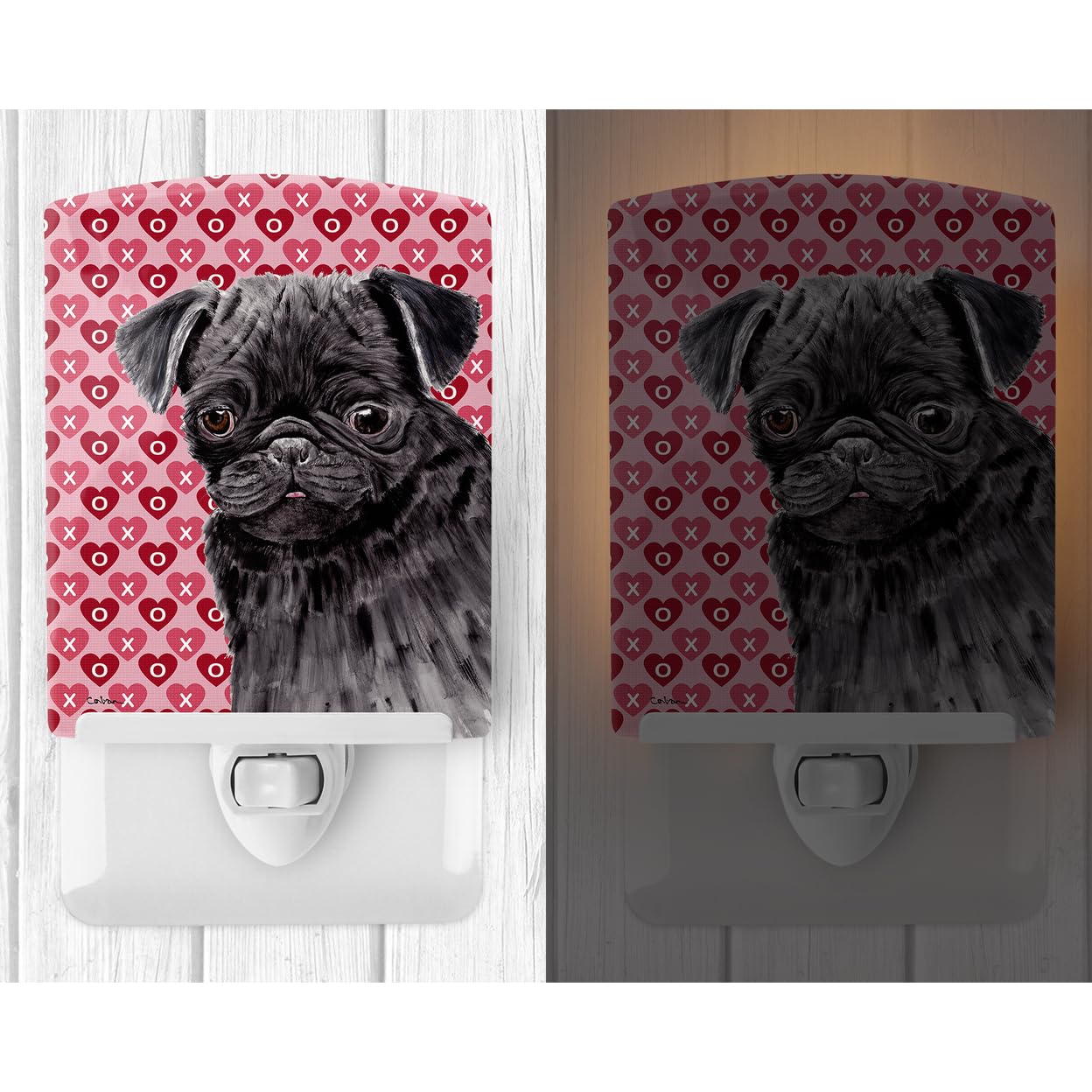 Carolines Treasures Ceramic Night Light, Pug Black Hearts, UL-Certified, 6x4x3in, Multicolor, Model SC9273CNL