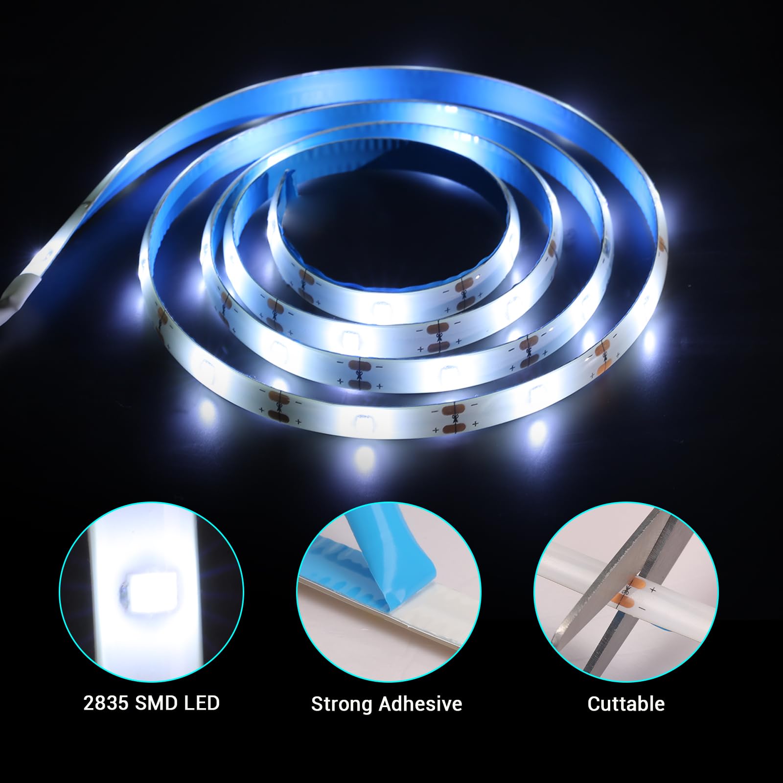 Battery Powered Strip Lights White With Remote, 3.3Ft Led Strip Light With 8 Modes, Dimmable, Timer, Self-Adhesive, Cuttable, Wa