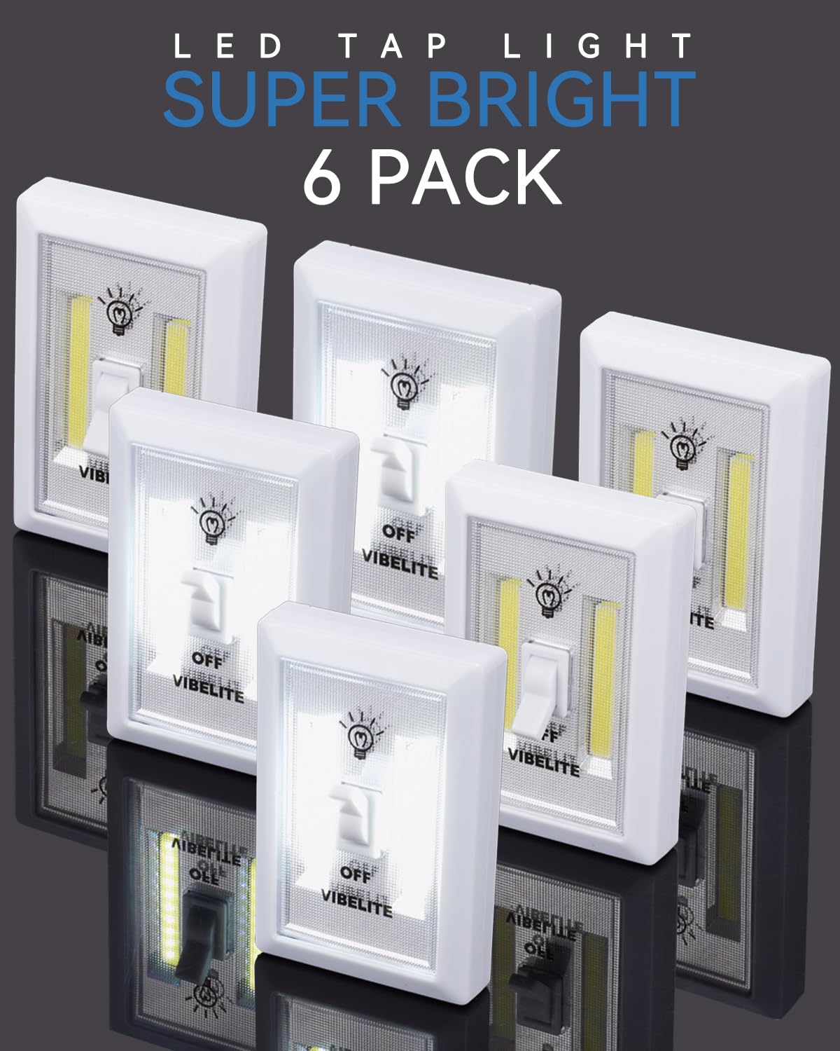 VIBELITE Battery Operated Closet Light - 6-Pack Touch Switch Night Lights, Wireless, White, Model VB-SW-6P-W