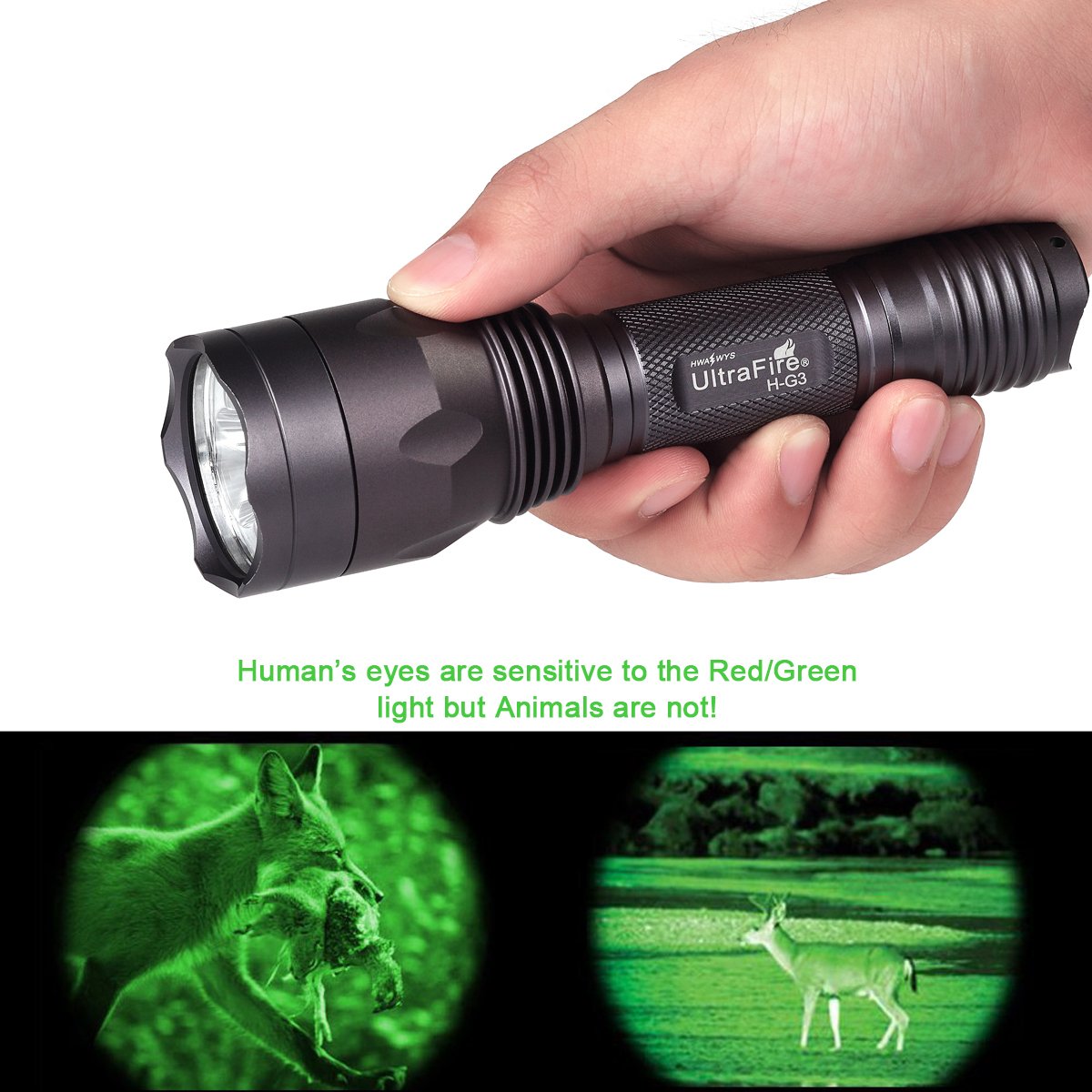 Ultrafire Green Hunting Flashlight, 650 Lumens, Single Mode, 520-535 Nm Wavelength 256 Yards,Tactical Led Night Hunting Light Fo