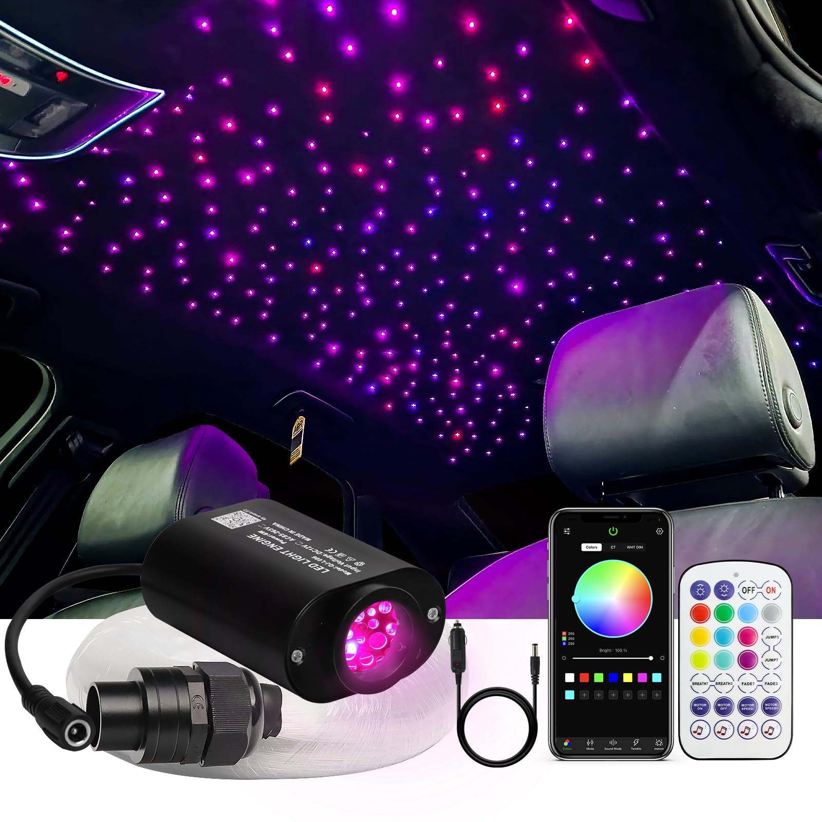 WEBUPAR Fiber Optic Star Lights Kit, 300pcs, 6W, 9.8ft, RGBW Colors, Sound-Activated, Model QJ-L006, Multi-color