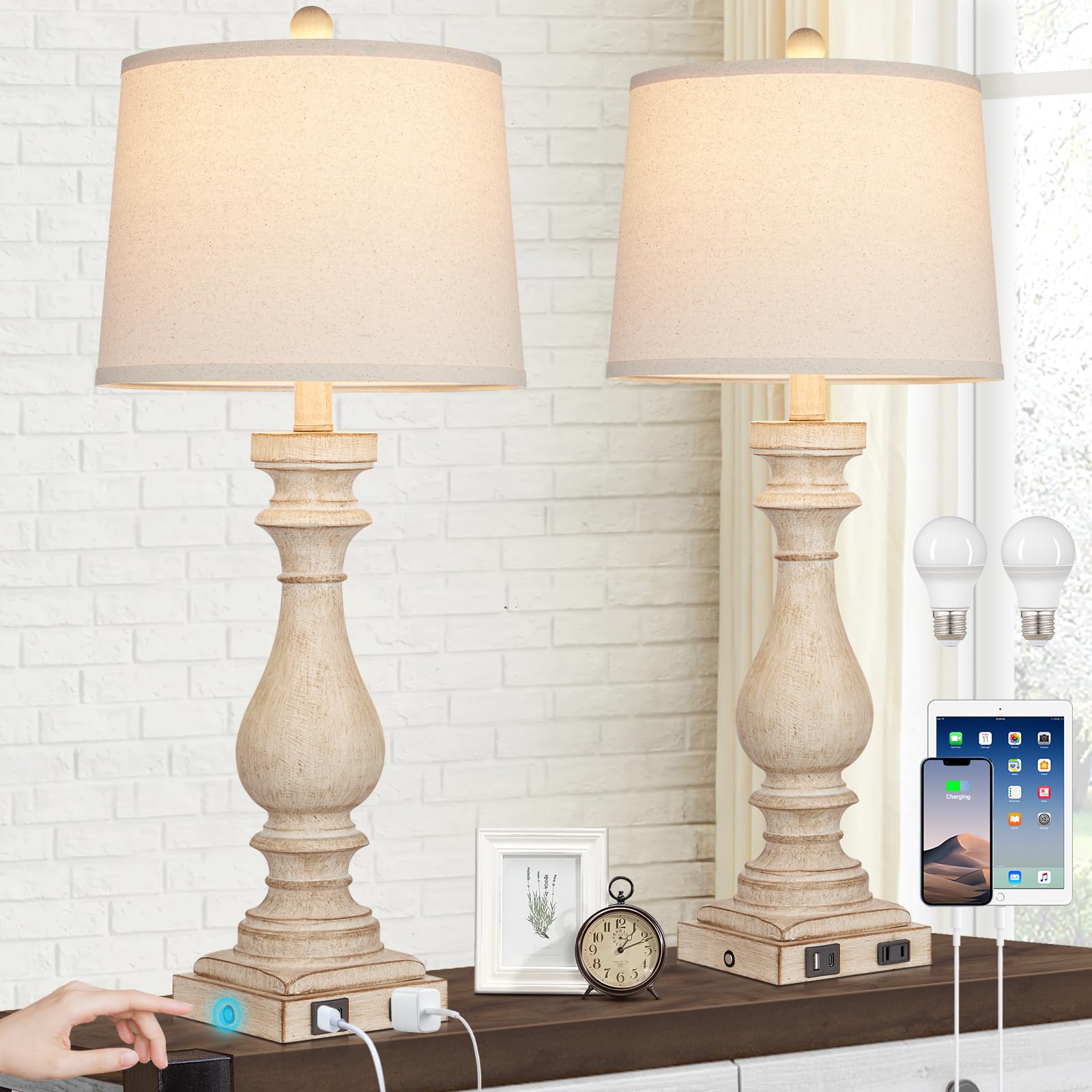Cinkeda 29'' Tall Table Lamp for Living Room Set of 2,Vintage Bedside Nightstand Lamps with USB C+A Ports & AC Outlet,3-Way Dimm