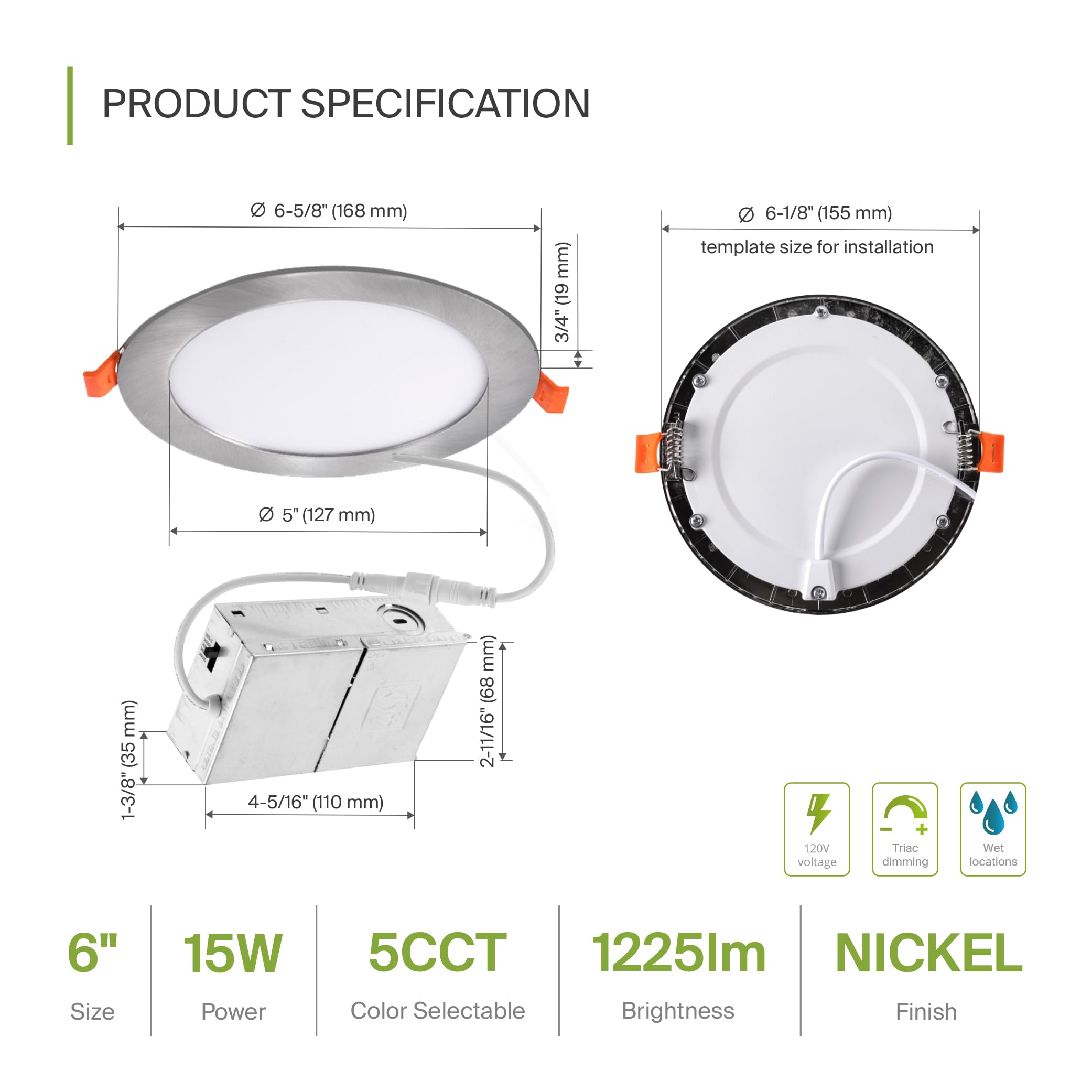ASD 6 Inch LED Recessed Light, Dimmable Ultra Thin Ceiling Light, Brushed Nickel, Model A-JBR-6D15AC-NK, 2700K-500