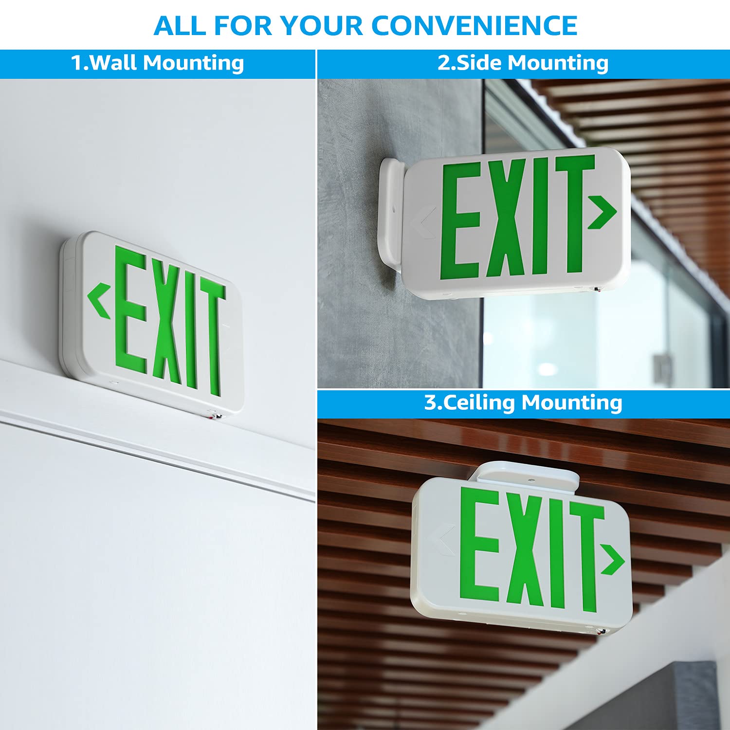 Torchstar Led Exit Sign With Battery Backup, Double-Face, Ul 924, Ac 120/277V, Damp Location, Hardwired Green Letter Exit Light