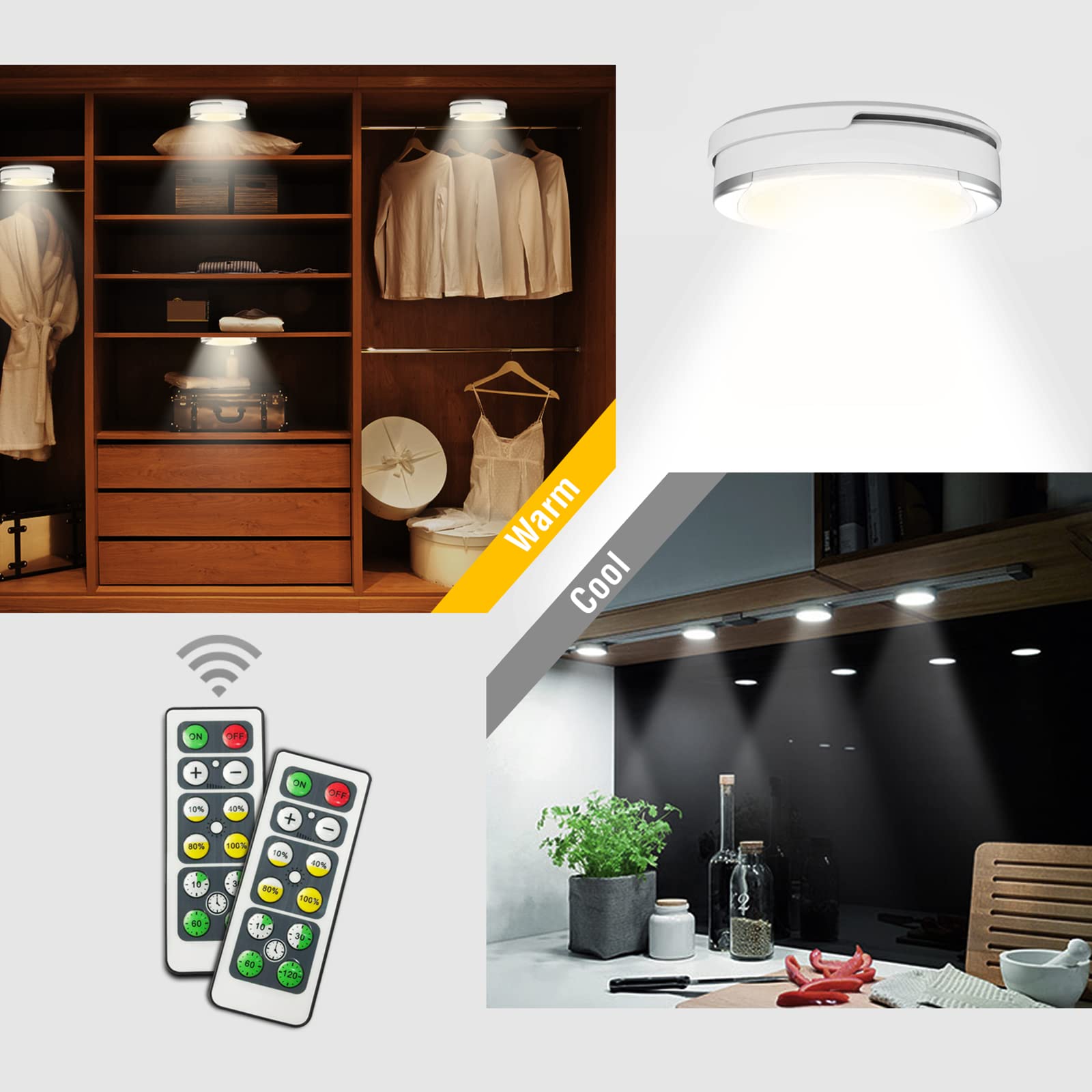 Shineled LED Puck Light - Battery Operated, Remote Control, 4000K Warm White, Oval Size, 6 Pack