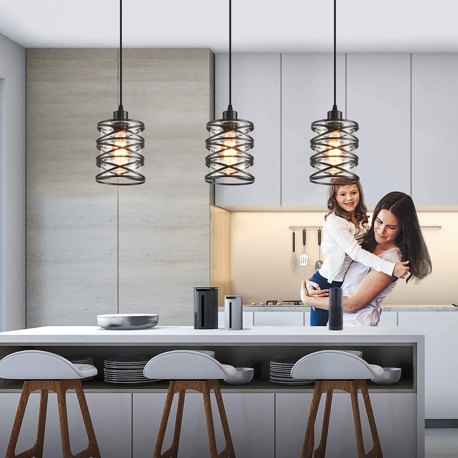 IHENGYANLT Black Spiral Cage Pendant Lights, 2 Pack, Clear Glass Shade, Ideal for Kitchen Island, Dining Table, Model PM1715-2