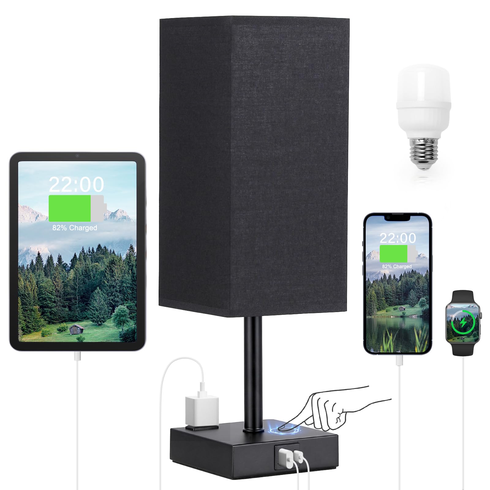 aooshine Black Touch Lamp with USB-C & AC Outlets, 800 Lumens, 14.0 in, Linen Shade, Square Design for Bedroom & Office