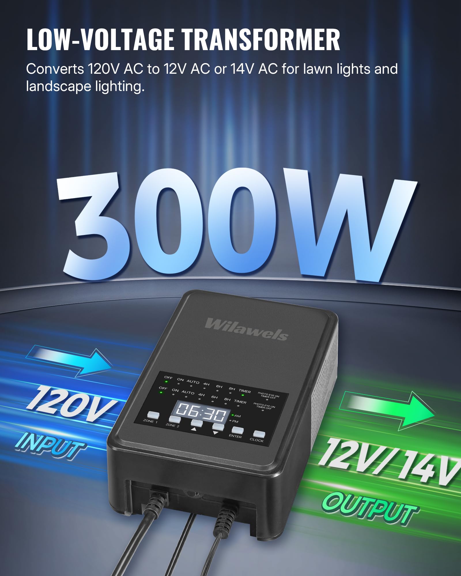 WILAWELS 300W Low Voltage Landscape Transformer, 2 Zone Control, 120VAC to 12/14V AC, Timer & Photocell Sensor, Black, Model D26LT