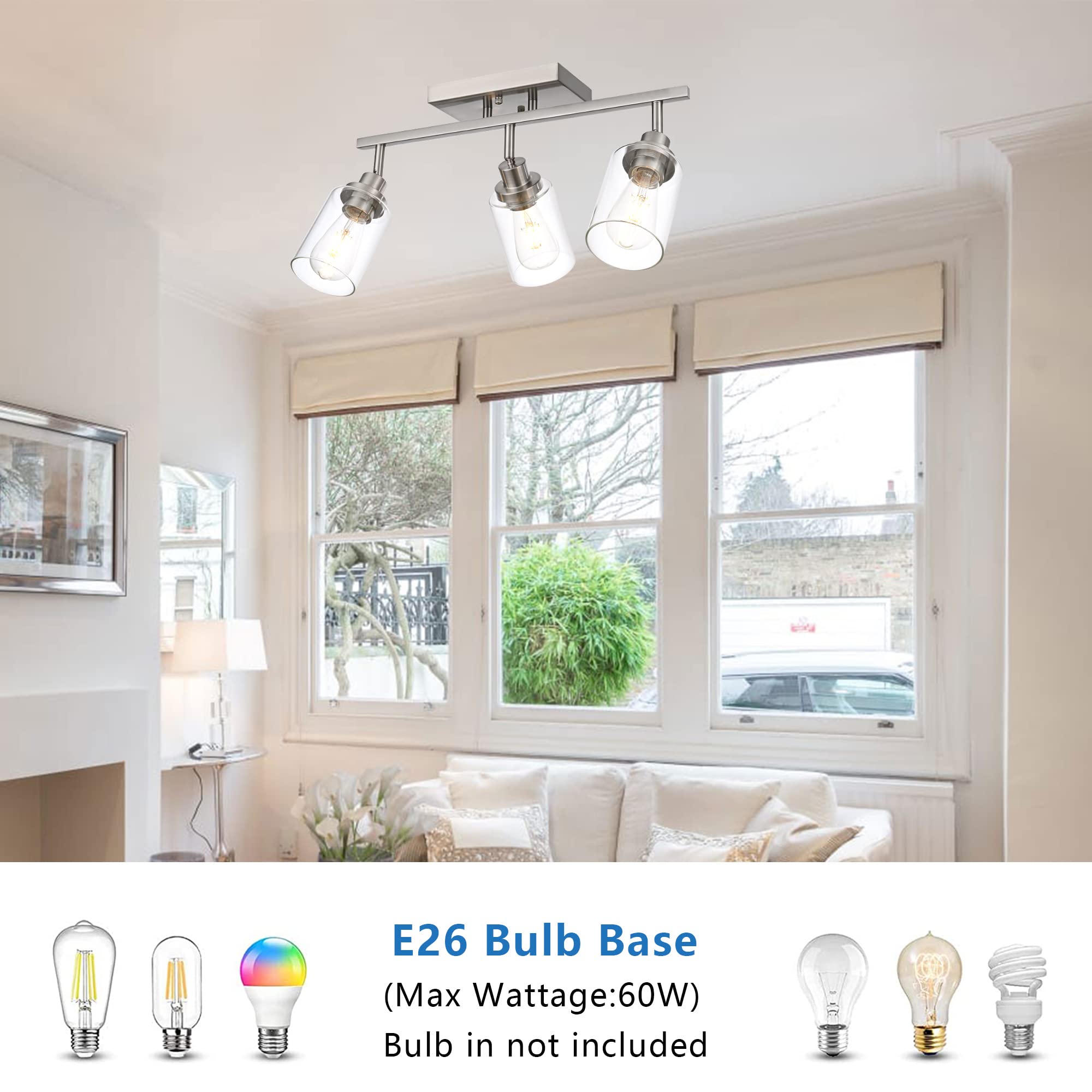 MELUCEE 3-Light Bathroom Vanity Light Brushed Nickel with Clear Glass Shade, Rotatable Track Heads, Ceiling or Wall Fixture