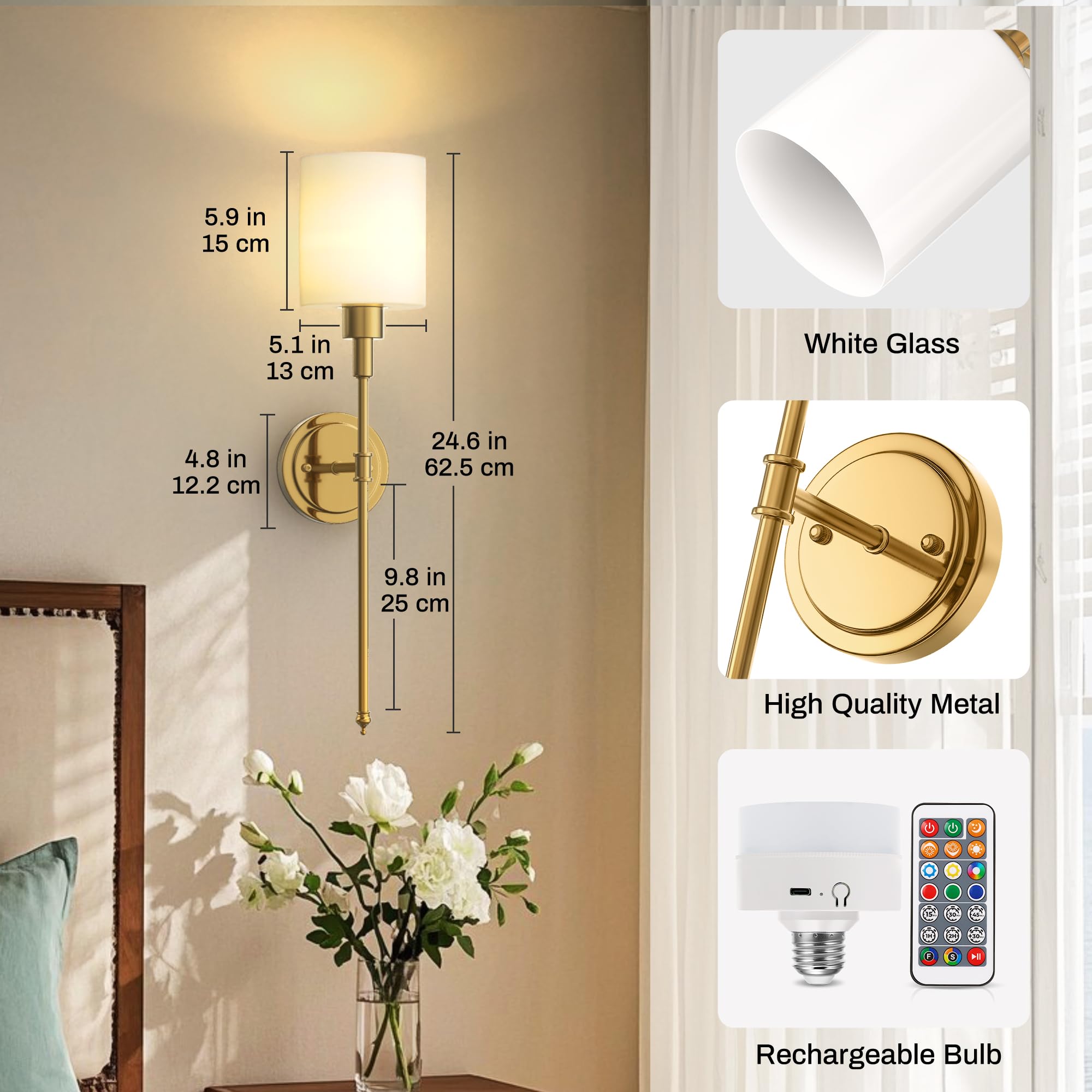 DORESshop Battery Operated Wall Sconce Set of 2, Wireless, 24.3in, Gold and Milky White Glass Shade