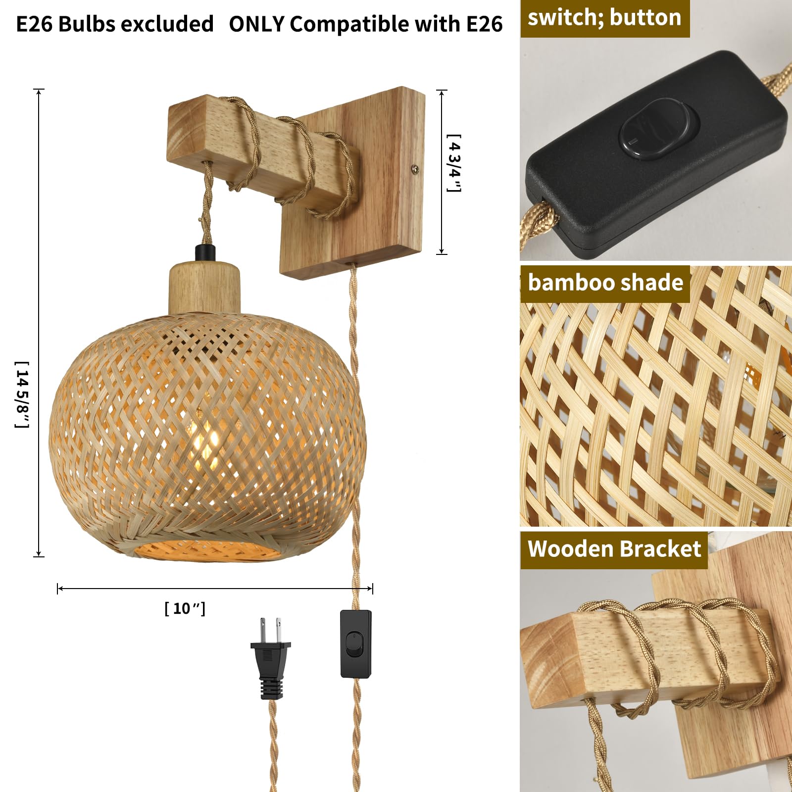 Novcand Bamboo Plug In Wall Sconces Set Of Two, Hand Woven Boho Wall Lamp Plug In Cord Wall Sconces For Bedroom Living Room Farm