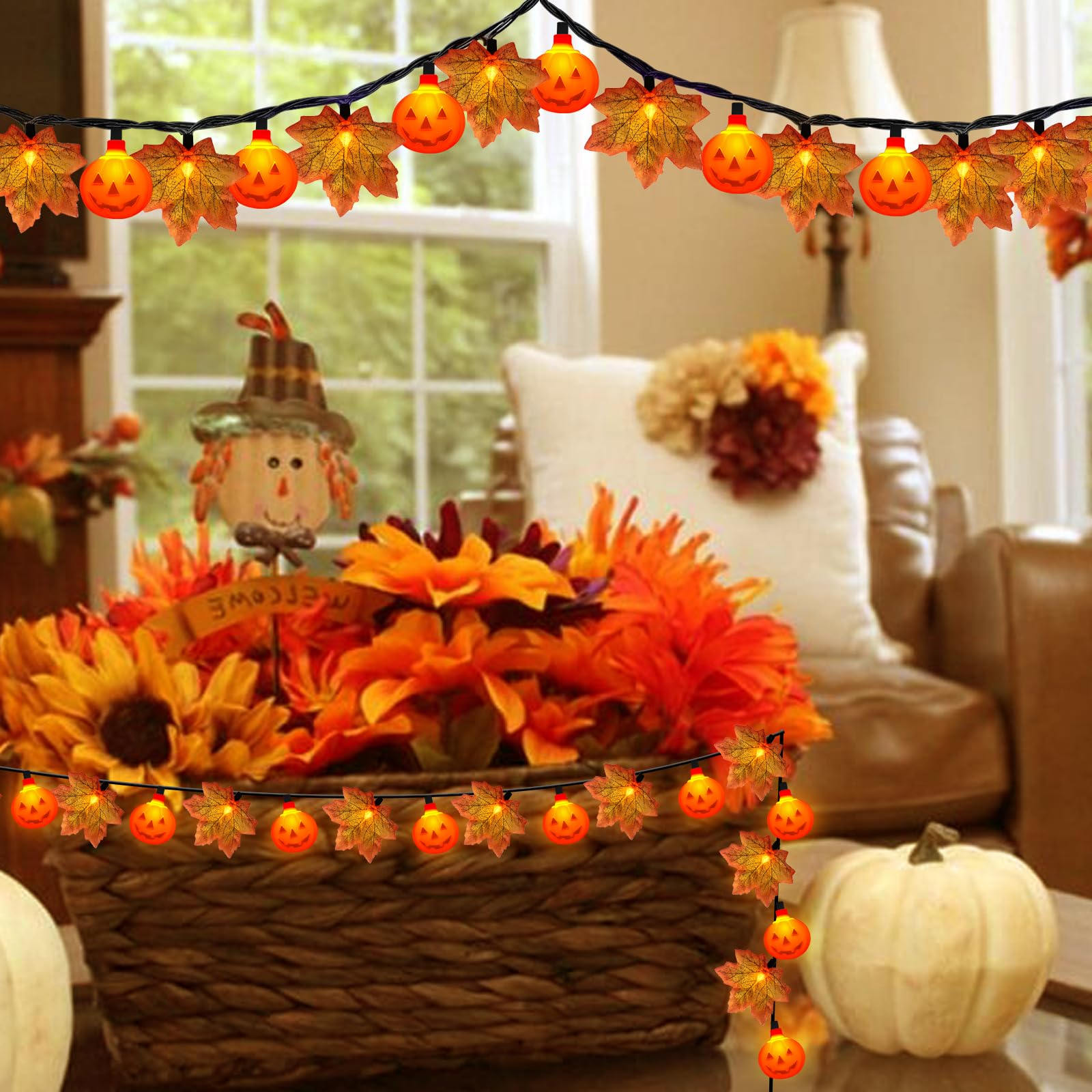 Thanksgiving Day Red Maple Leaf with Pumpkin LED Lights, 13.5FT Plug in Autumn Fall Light with 35 Mini LED Bulbs for Thanksgivin