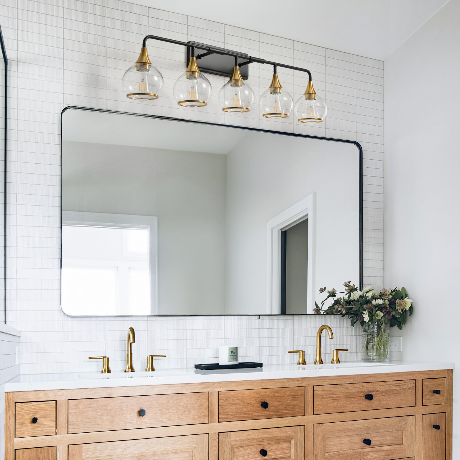 HAHZT Bathroom Vanity Light 5-Lights Metal Wall Sconce 39.2 inch Black and Gold Model 8033ML with Clear Glass Shade