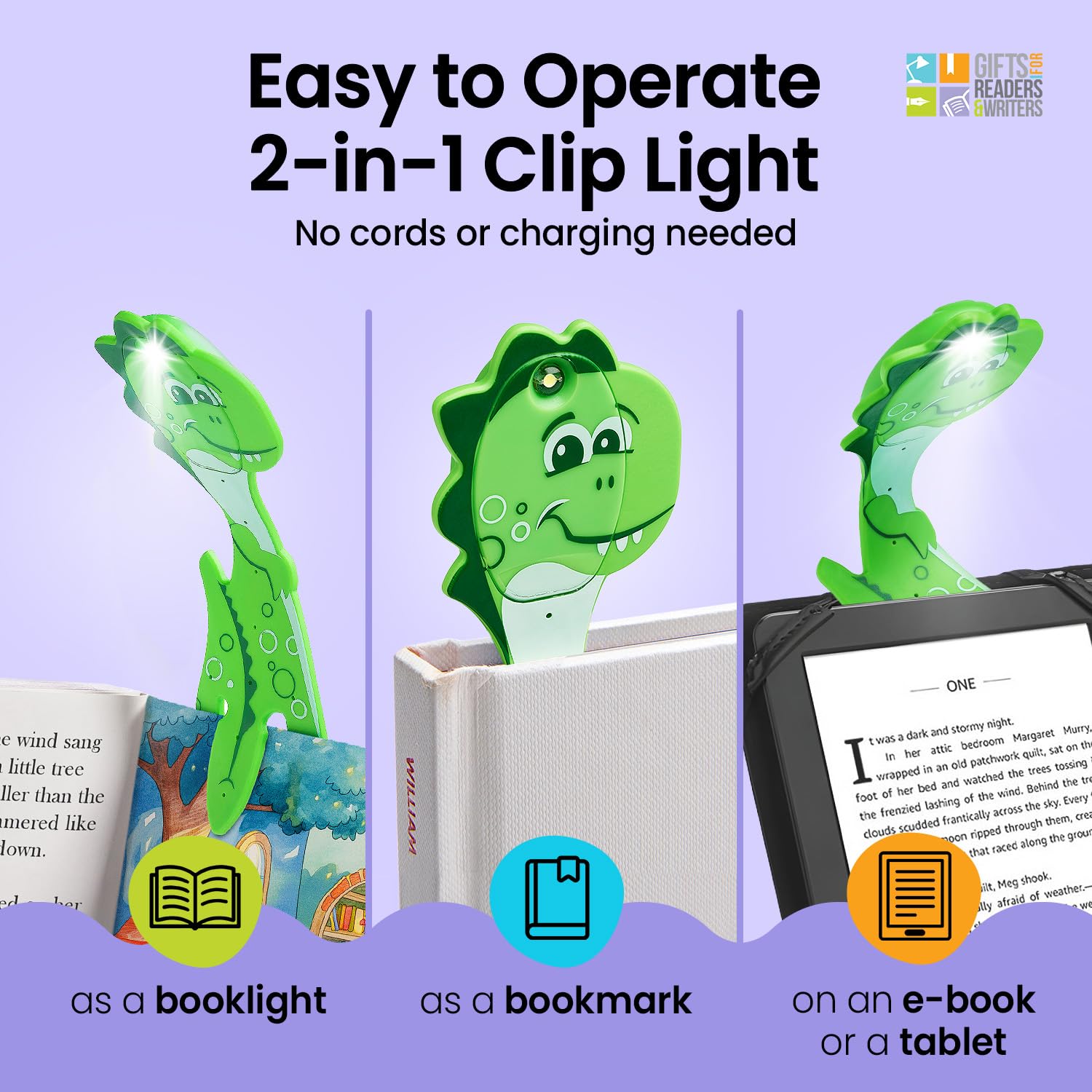 Gifts For Readers & Writers Bookmark Reading Light Dino Green - 2In1 Clip On Bookmark Kids Book Light For Reading Night In Bed,