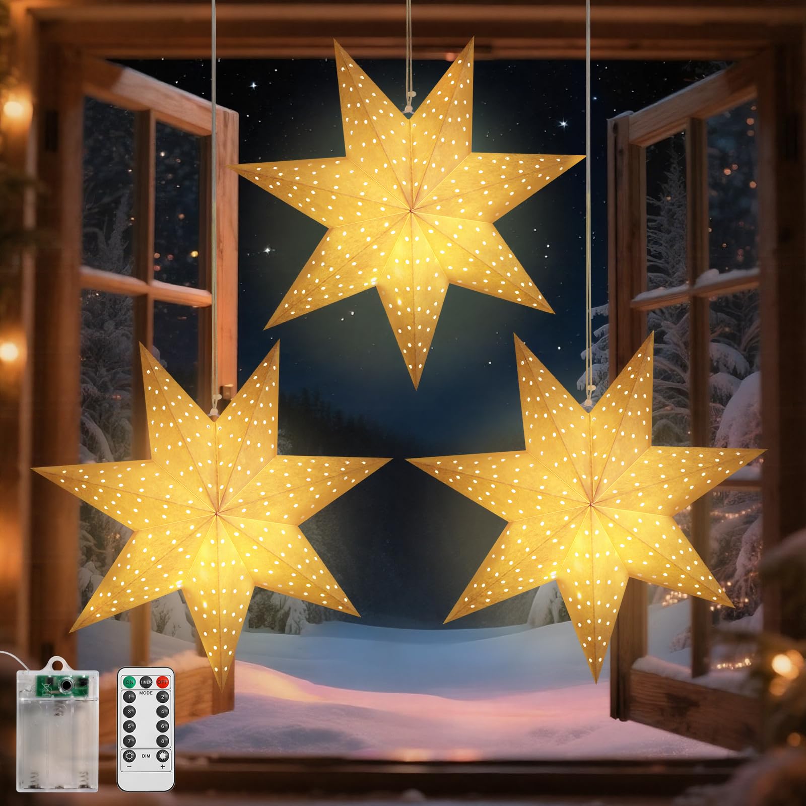 Lewondr Christmas Paper Star Lantern 3 Pack, Hanging 7-Pointed Star Lights with Hollowed Dots, LED Paper Lanterns with 6H Timer 