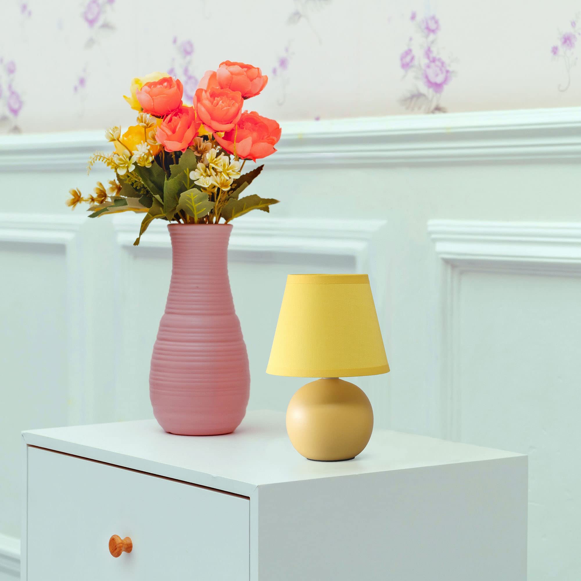 Creekwood Home Yellow Ceramic Orb Base Bedside Table Desk Lamp With Drum Shade 8.66&quot;