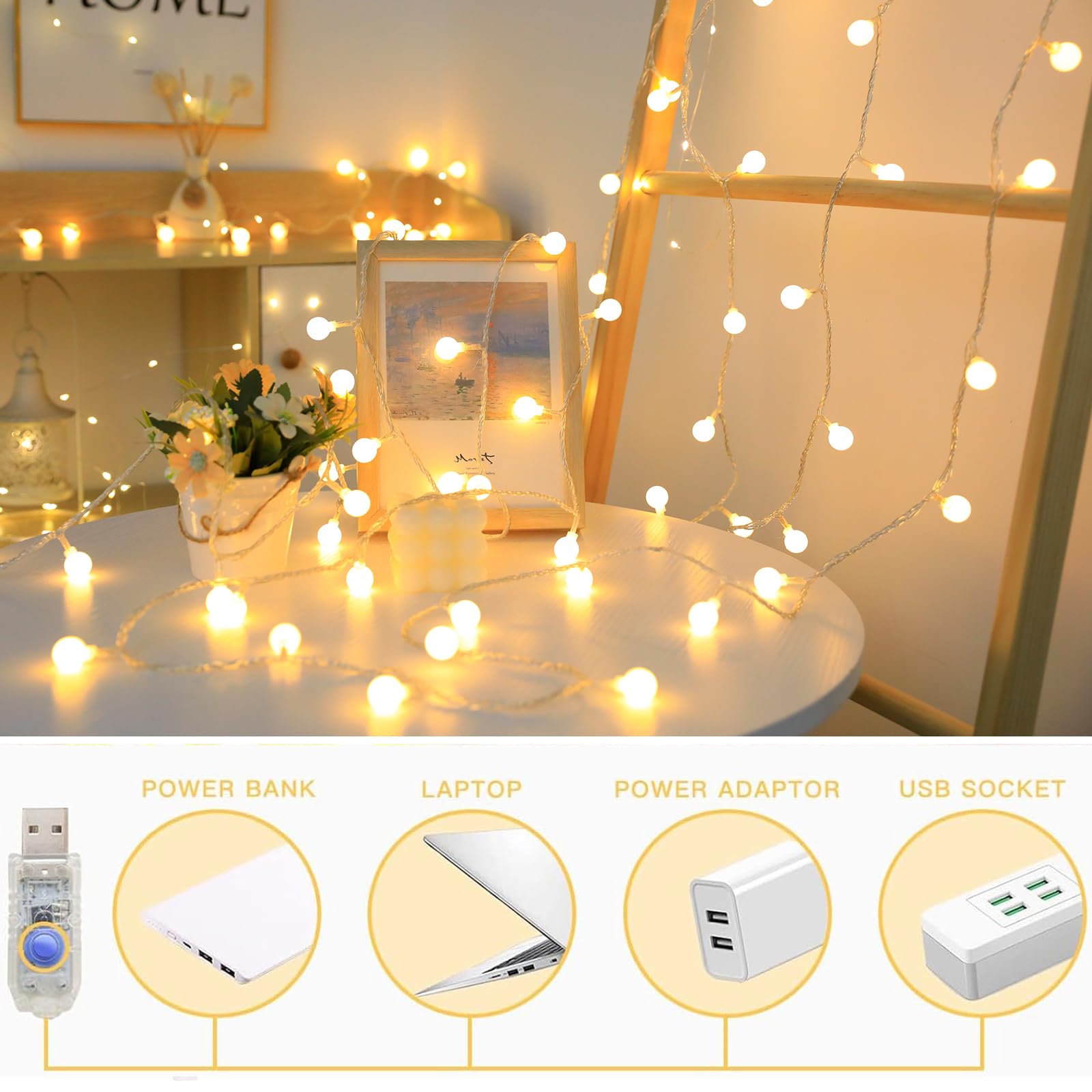 Globe String Lights 65.6 Ft. 200 Led 8 Modes With Remote,Usb Fairy String Lights Plug In,Waterproof Led String Lights For Indoor