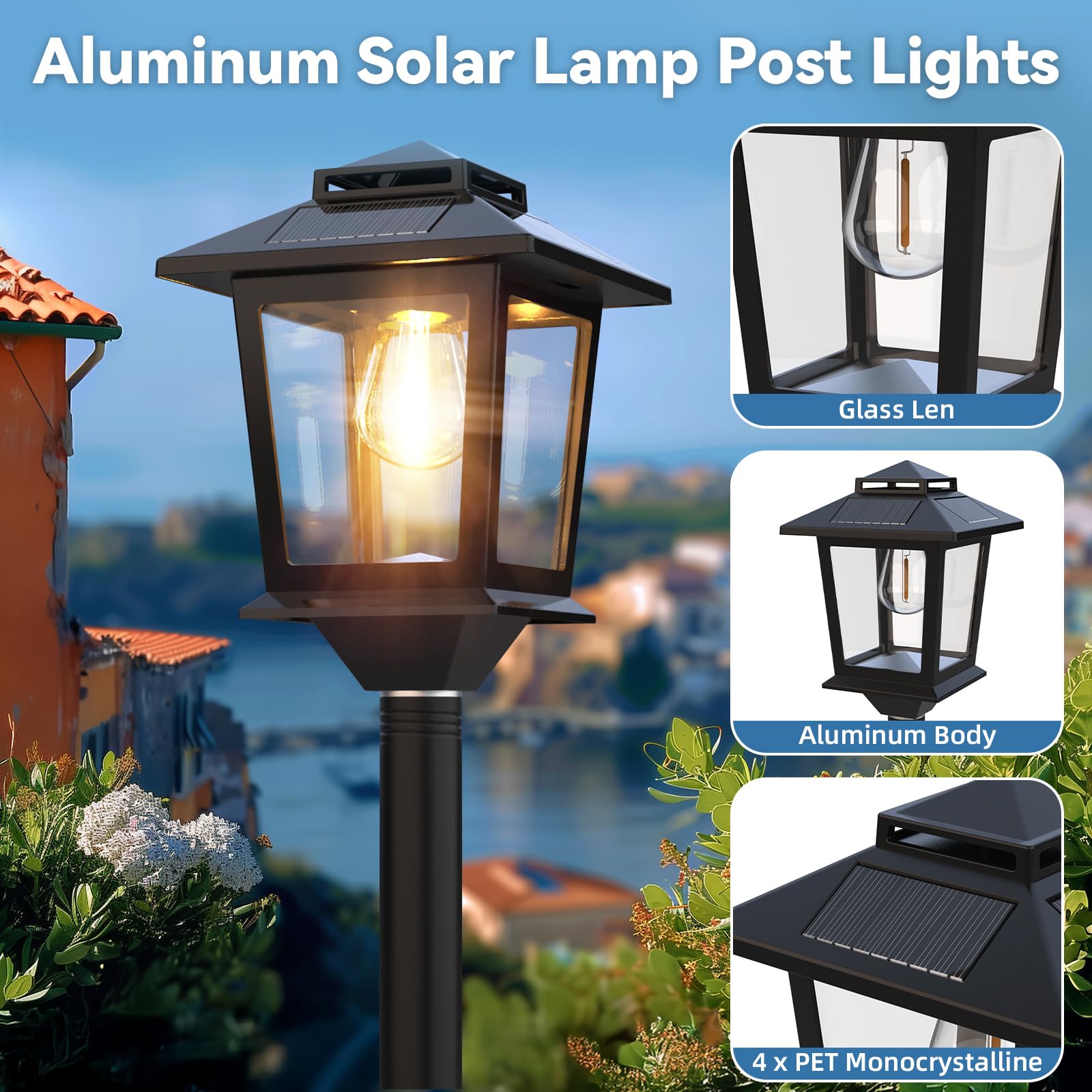 Icerona 64 Solar Outdoor Light Waterproof 2 Pack, Aluminum Glass Solar Lamp Post Light with Auto On/Off 3000K Warm White, Outdoo