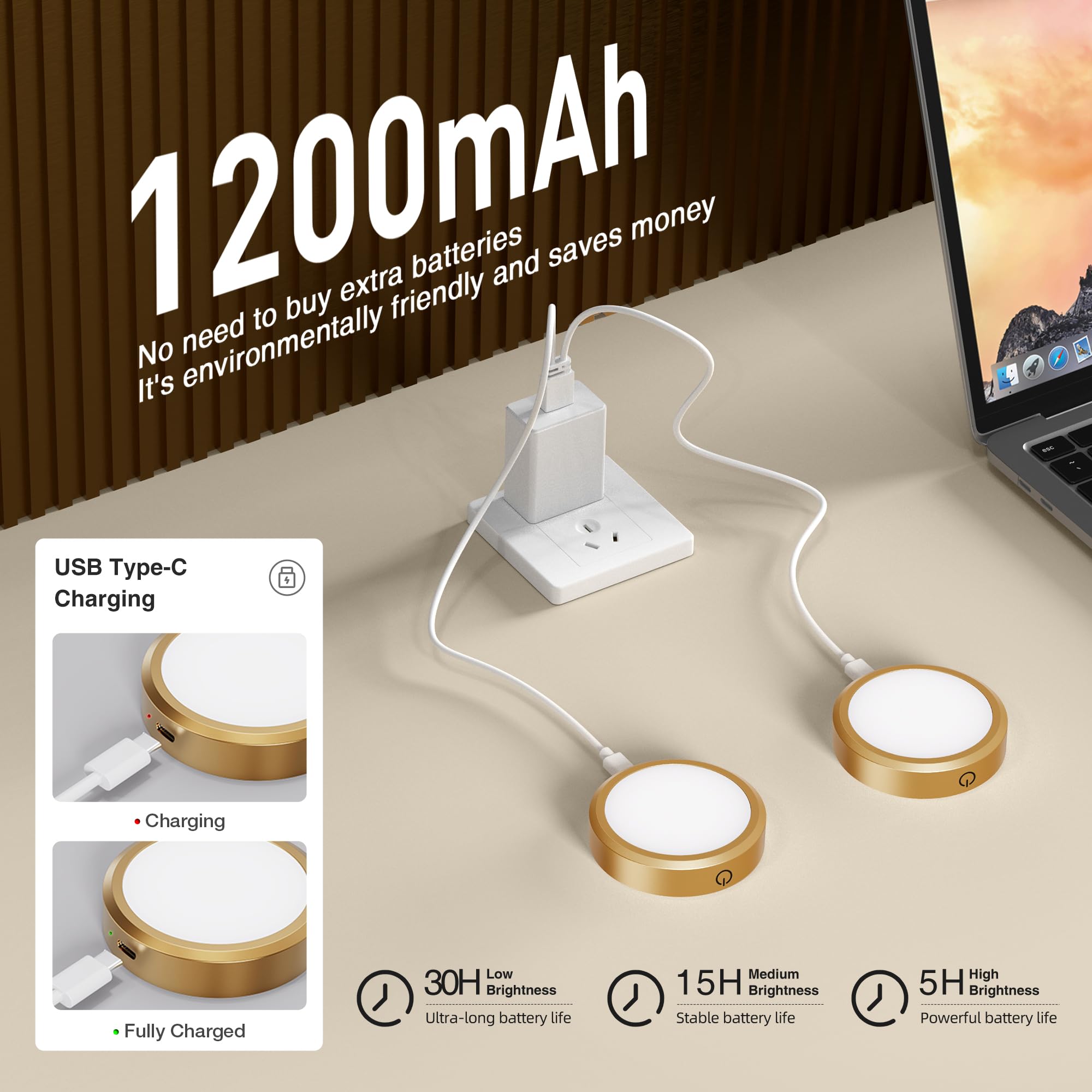 MICLIONLED Rechargeable Puck Lights with Remote Control, LED Under Cabinet, 2 Pack, Gold, Model M3-GB17