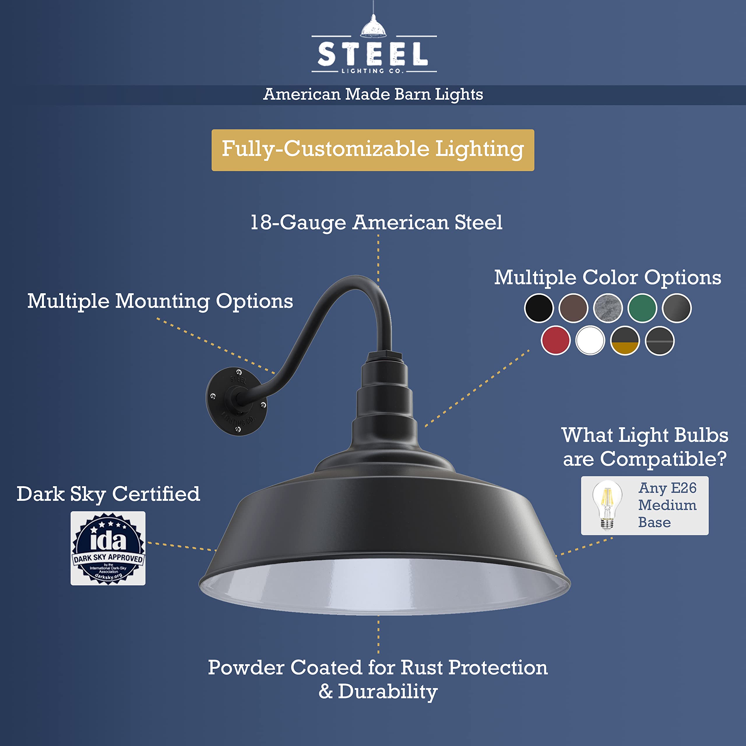Steel Lighting Co. Redondo Barn Light - Outdoor Wall Mounted, 20in Dome, 16in Gooseneck, Alloy Steel, Green Exterior, Model S20