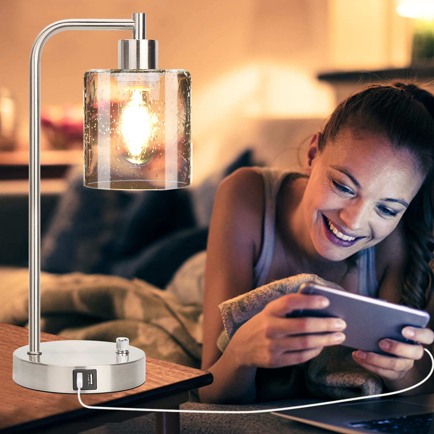 ?Upgraded?Set Of 2 Industrial Table Lamps With 2 Usb Port, Fully Stepless Dimmable Lamps For Bedroom, Bedside Nightstand Desk La