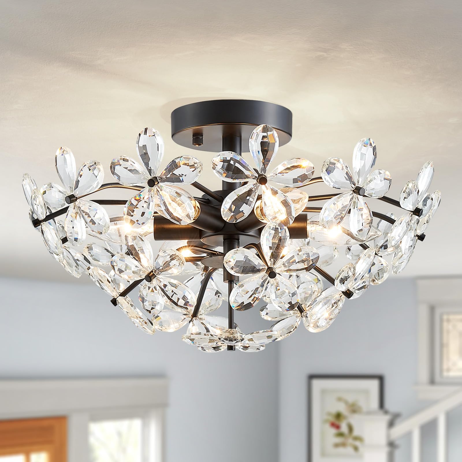 WUZUPS Crystal Chandelier Flushmount Ceiling Light, 8.9in H x 17.7in W, Black, Metal, 6 Lights, Model USHD90013C-B
