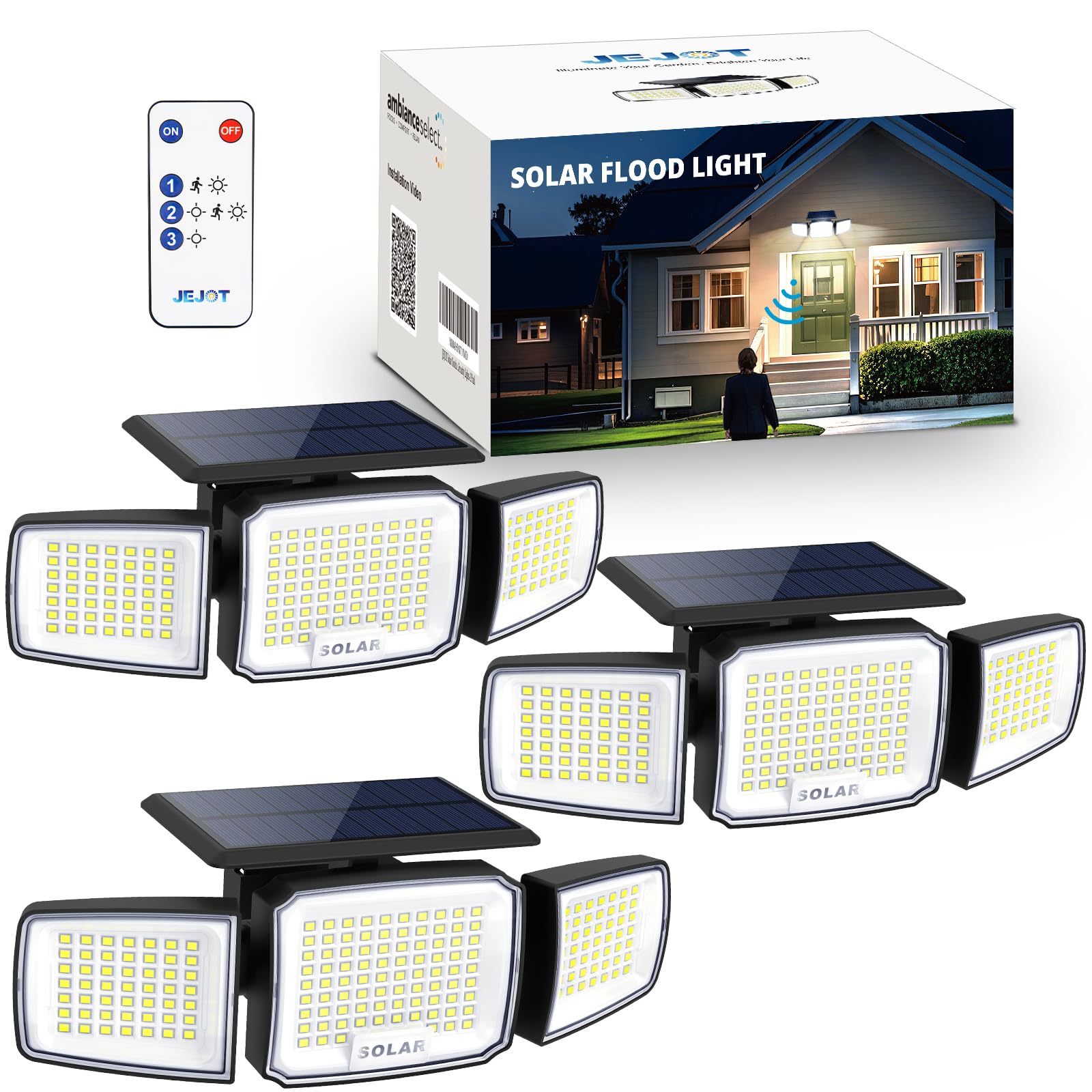 JEJOT Solar Security Light, Super Bright LED, Radar Motion Sensor, 3 Heads, IP65 Waterproof, 3 Modes, 3 Pack, Acrylonitrile Butadiene Styrene