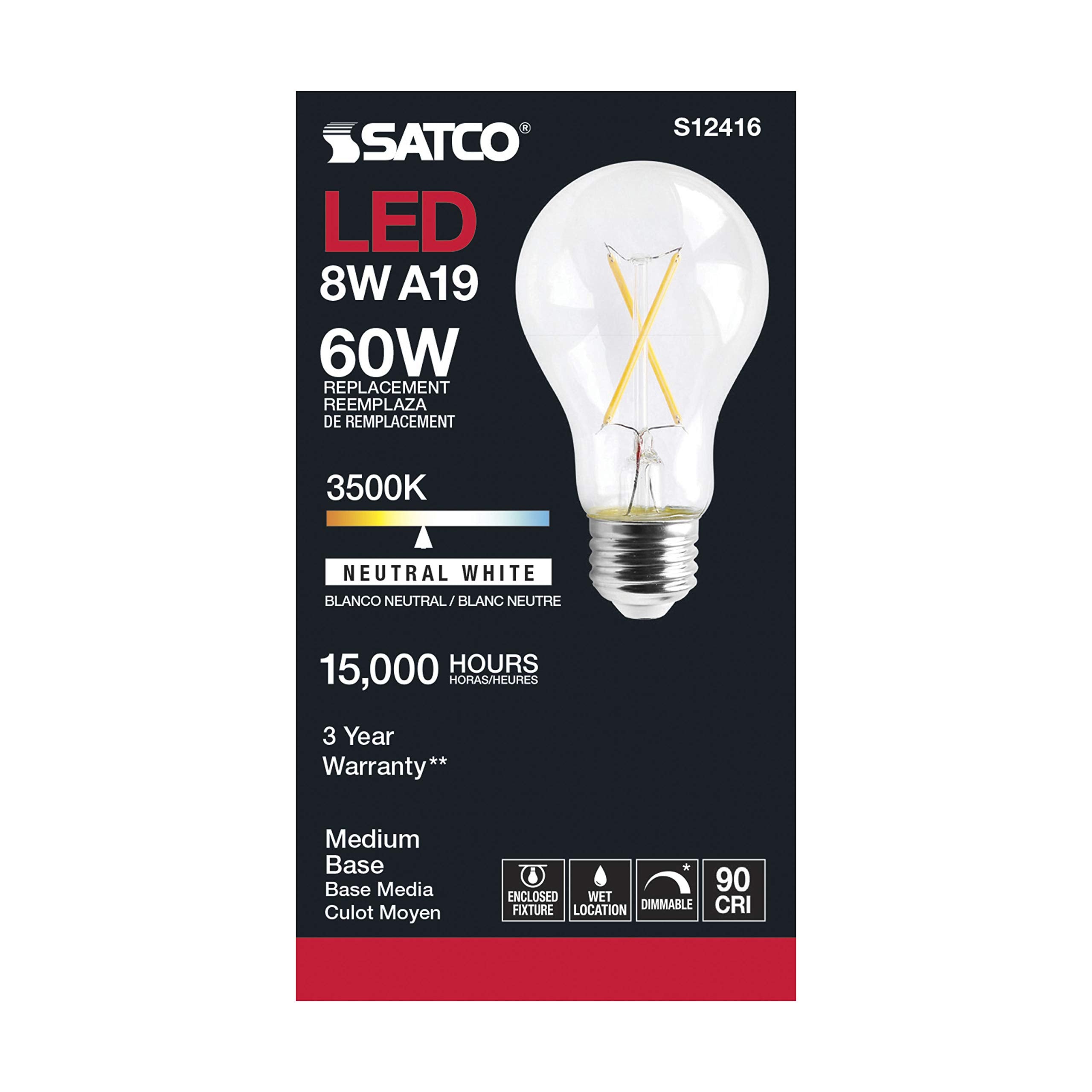 Satco S12416 Led A19 Warm White Light Bulbs, 8 Watt, 6 Pack, Glass, 3500K, E26