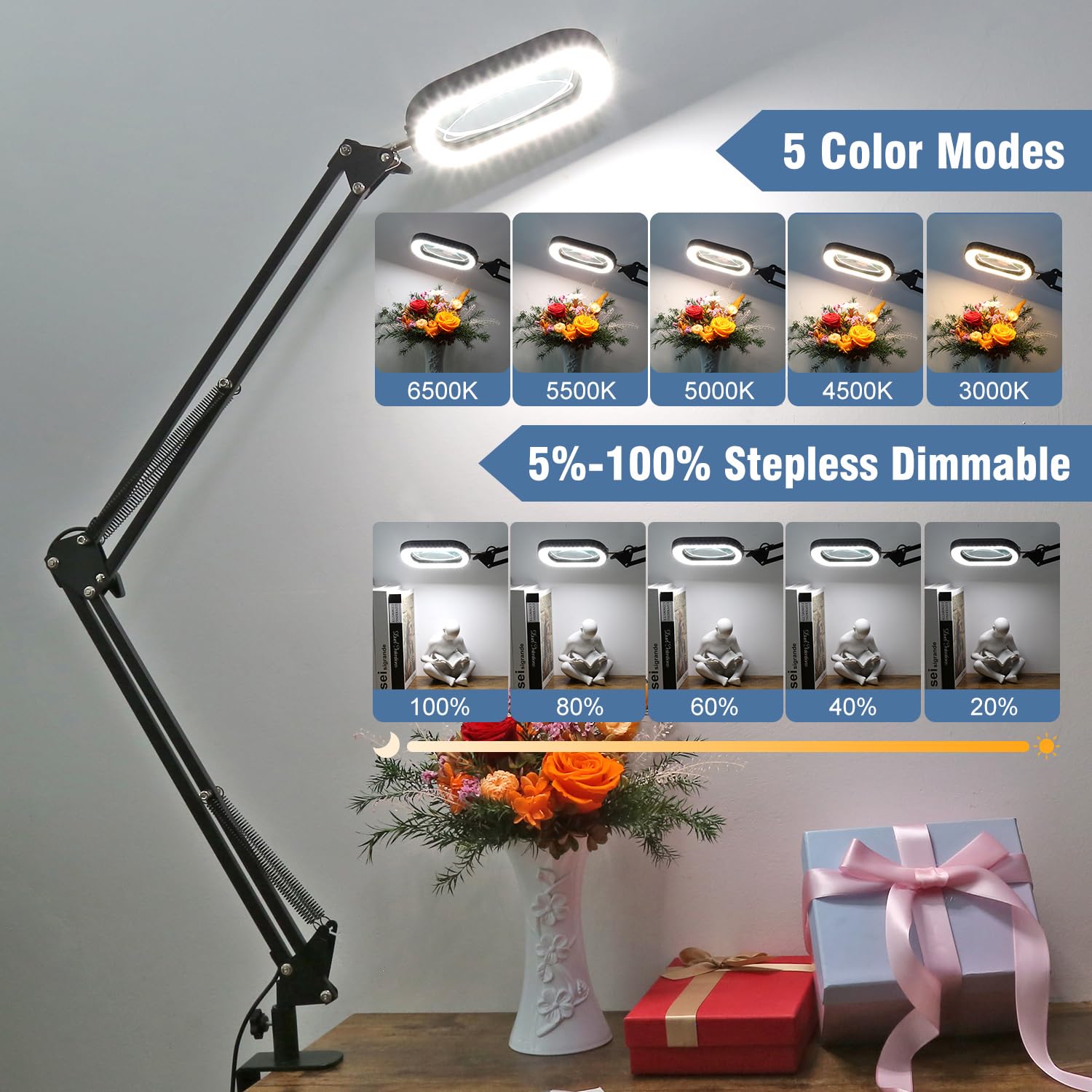 10X Rectangle Magnifying Glass With Light And Clamp, 2*16 Inch Large Swivel Arm Led Desk Lamp, 5 Color Modes Brightness Steeples