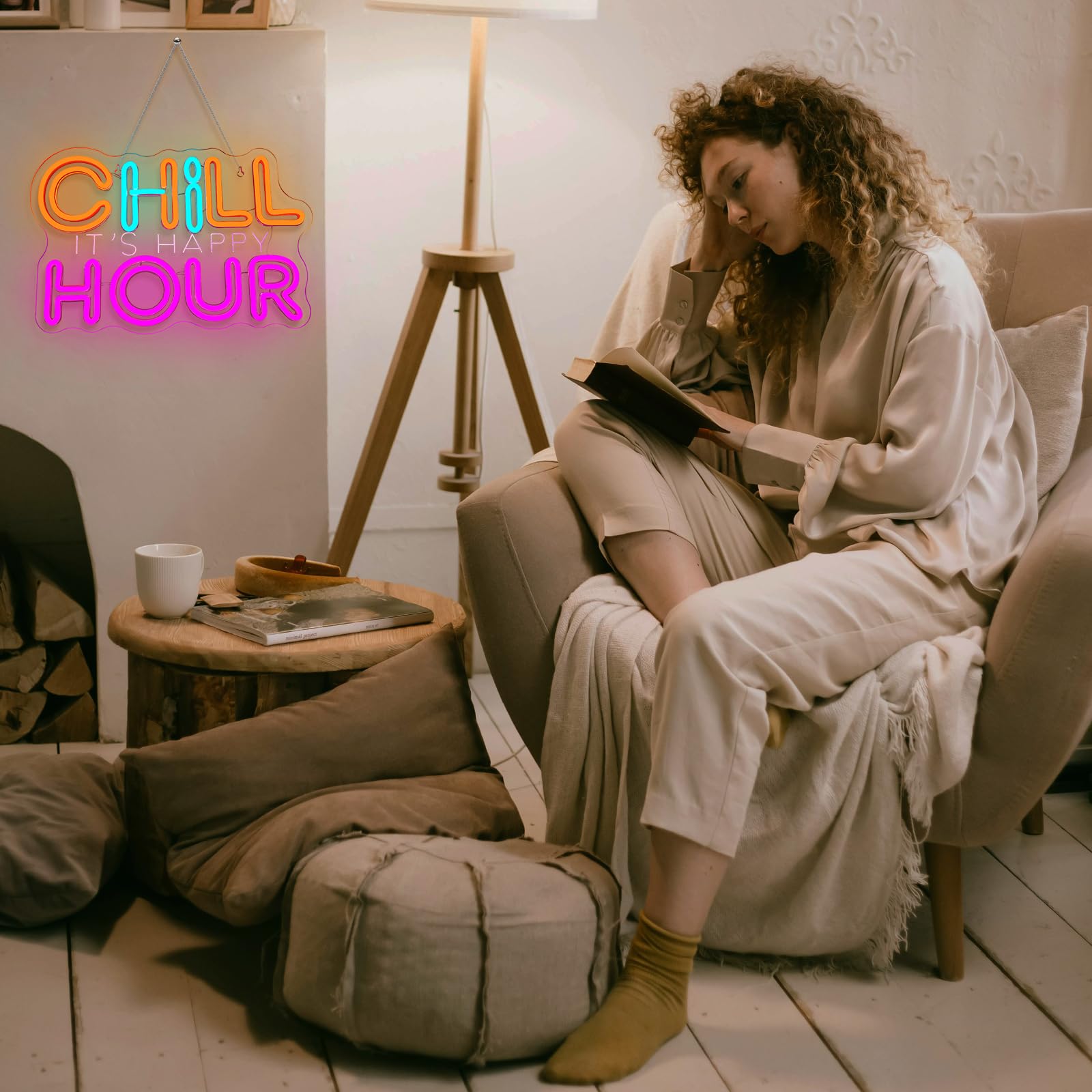 Wanxing CHILL HOUR Neon Sign - Colorful LED Wall Light with inIts Happy Hourin Quote for Bedroom, Dorm, Game Room, Home Party Décor