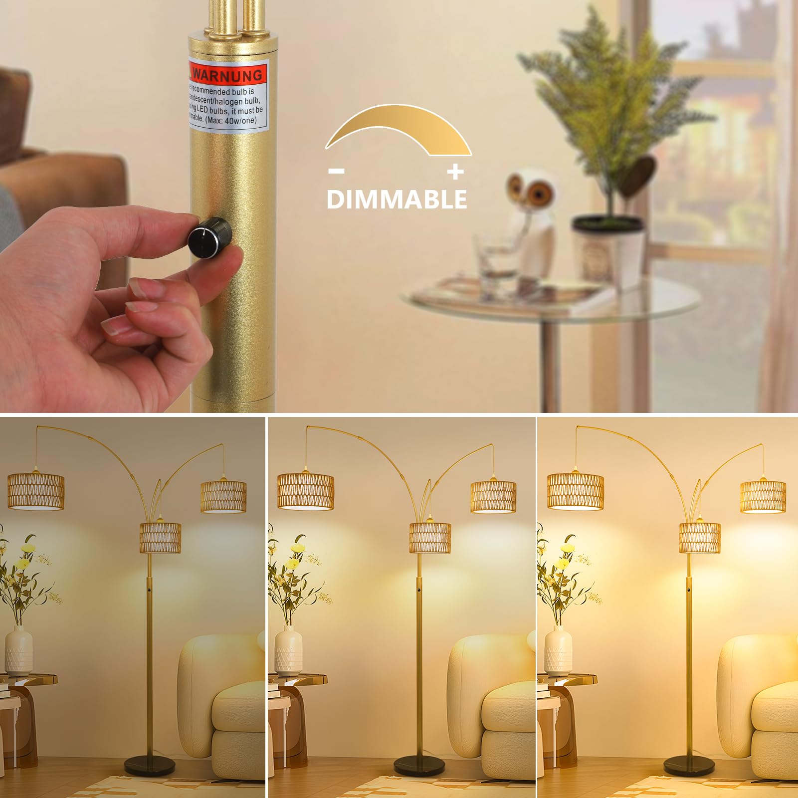 Modern Gold Floor Lamp For Bedroom, Arc Standing Lamp For Living Room, Dimmable Boho Rattan Tall Lamp, Farmhouse Floor Lamps For