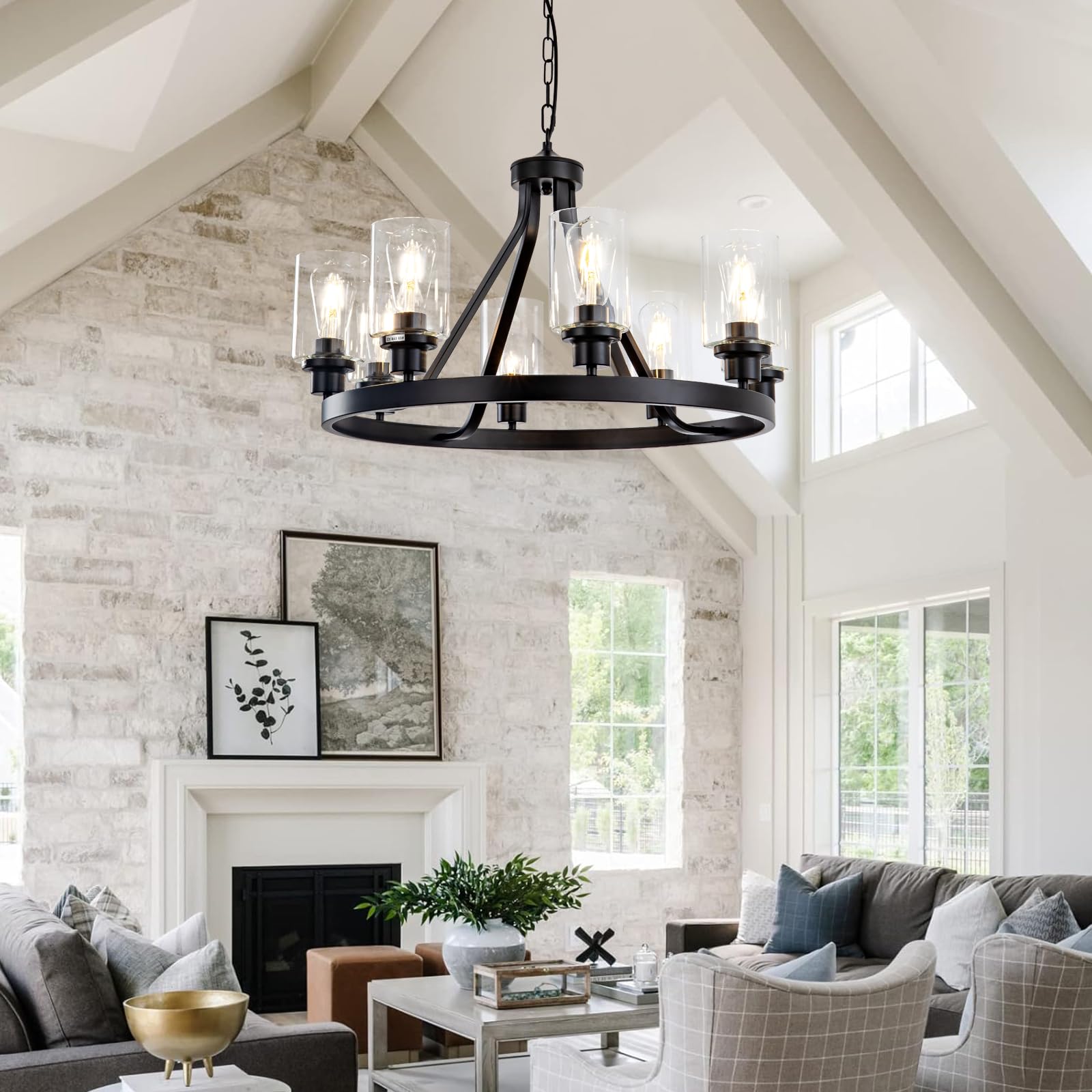 Lanhall 8-Light Black Wagon Wheel Chandelier - Rustic Industrial Pendant Light For Dining Room