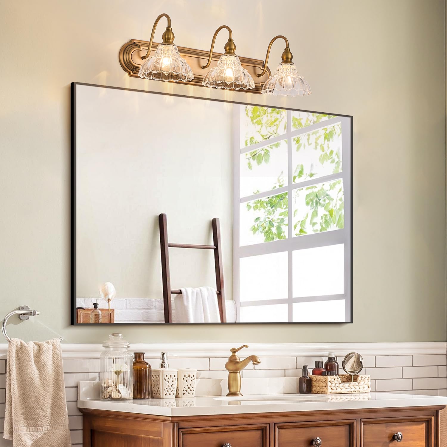 TLOLGT Vintage 3-Light Bathroom Vanity Lighting Fixture, Brass Glass Sconces, Retro Design, Model CP178-3T