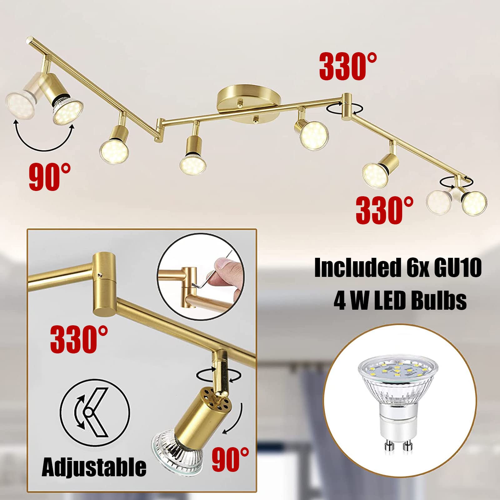 Jqire 6-Light Led Track Lighting Kit,Golden Finish 6 Way Ceiling Spotlight,Rotatable Light Heads,Modern Foldable Track Light Fixtures,Included 6 X Led Gu10 Bulb (4W, Daylight White 5000K,400Lm)