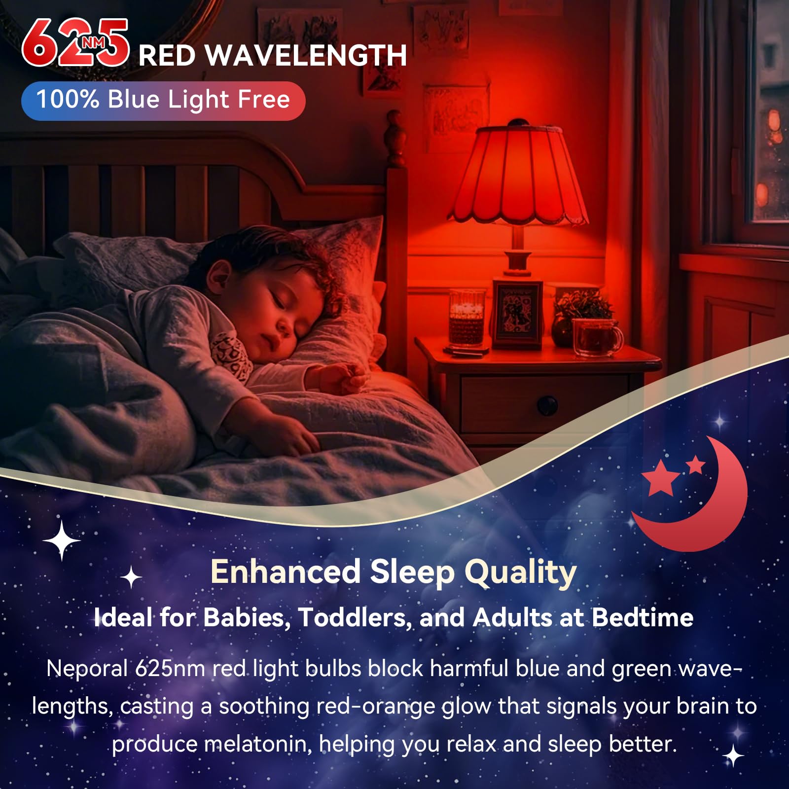 Neporal 625Nm Red Light Bulbs For Sleep 3W, 100% Blue Light Blocking Light Bulbs For Melatonin Promoting, A19 Led 40W Equivalent