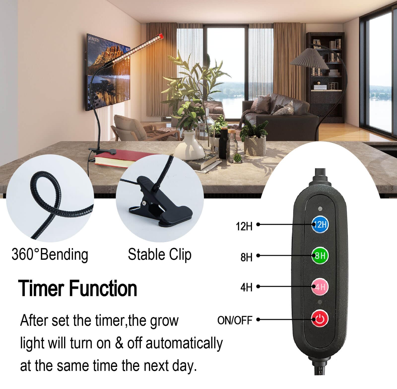 Jinhongto Upgraded Plant Light, 1000 Lumen Clip On Grow Light 1-Head With 4/8/12H Timer Function, Grow Lights For Indoor Plants Full Spectrum, Bright Plant Growing Lamp With 42Pcs Leds