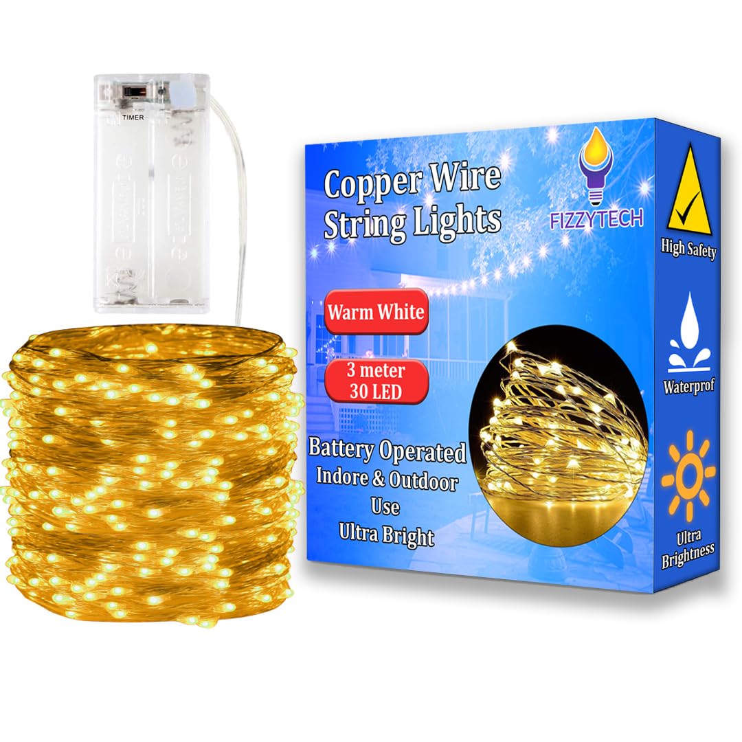 fizzytech 3 Meter 30 Led Fairy String Lights Battery Powered Copper Wire Lights of Home Decoration,Diwali Lighting Festival Rice