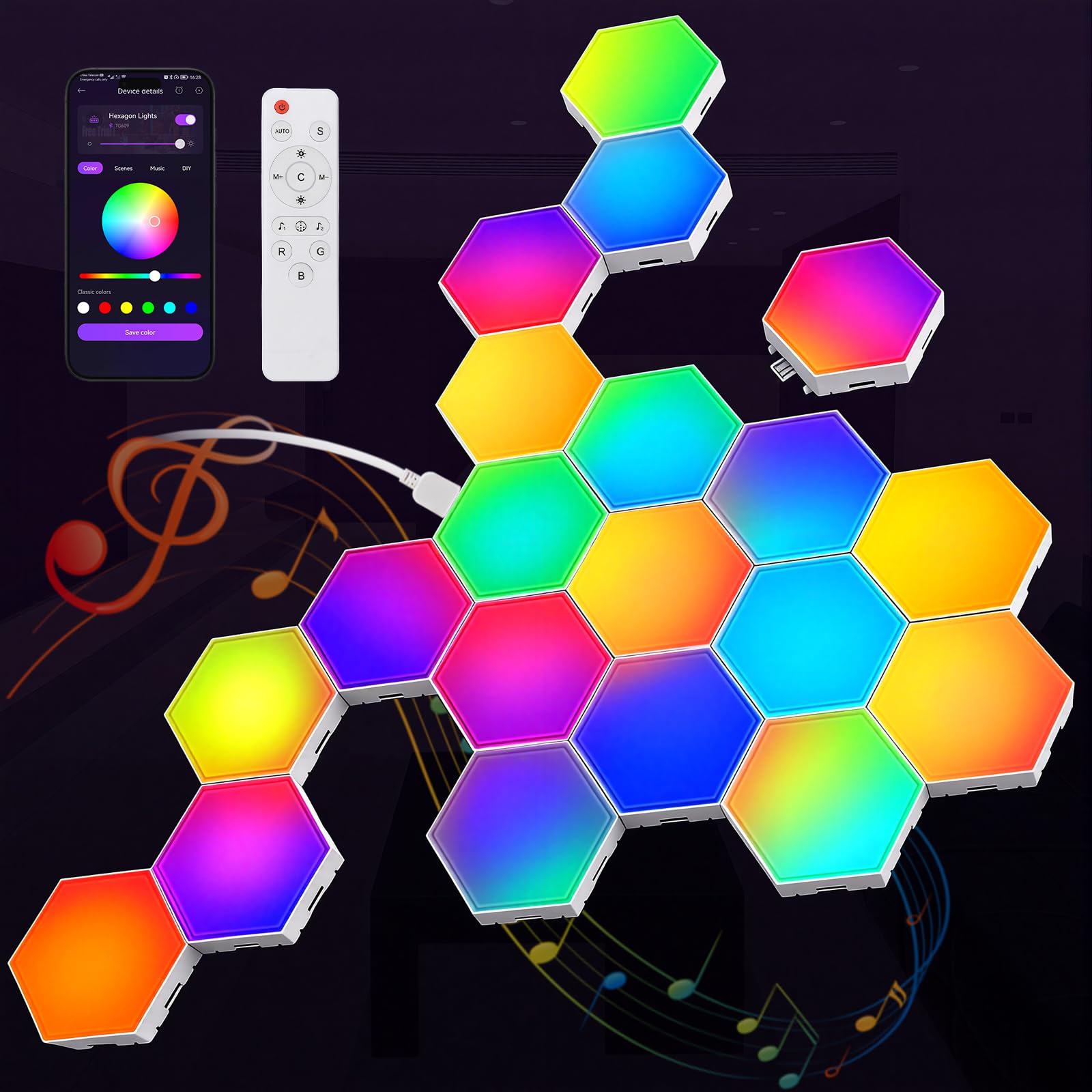 NIUCOO Hexagon LED Light Wall Panels - RGB Smart Gaming Light with App, Remote and Music Sync, Modular Gaming Wall Decor for Bed