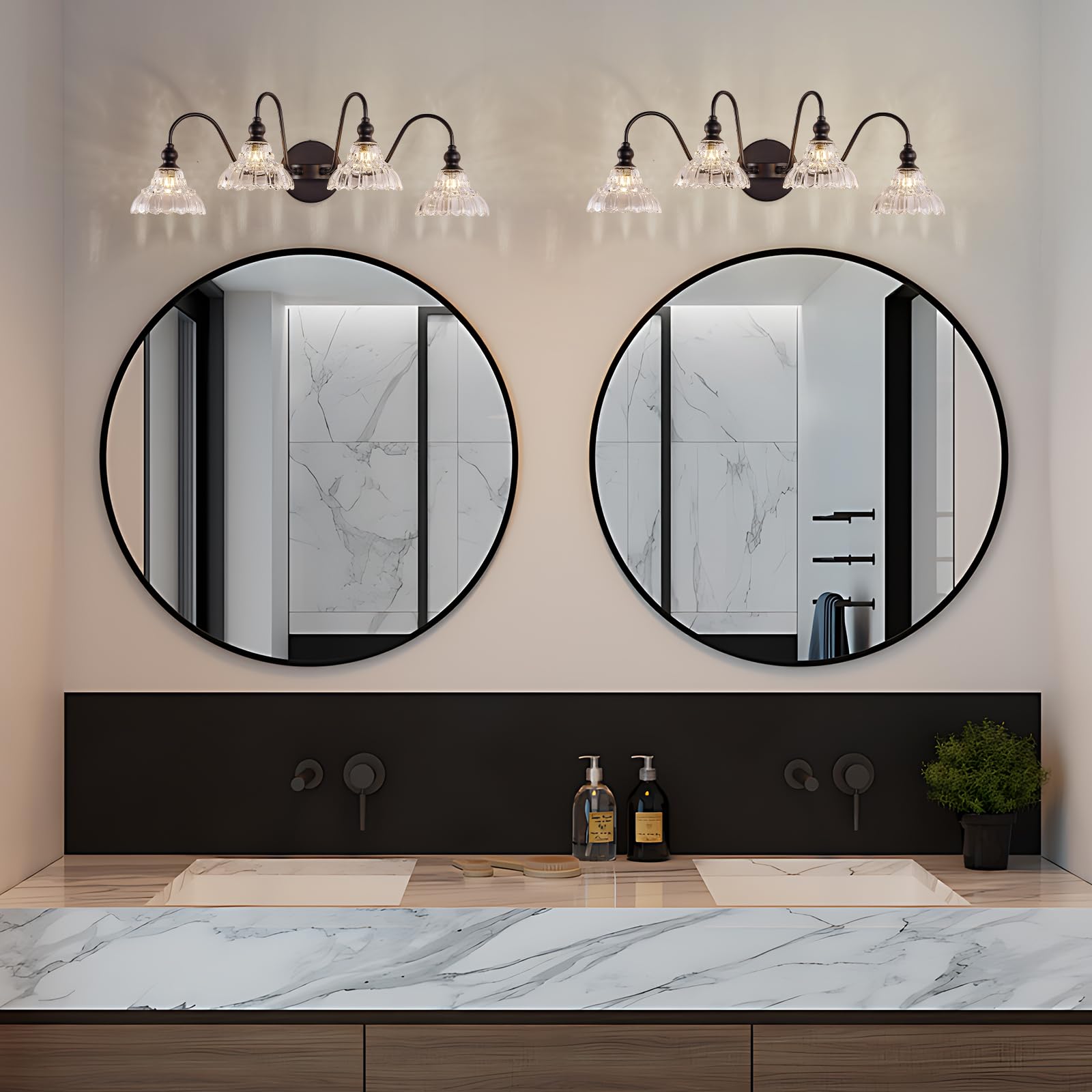 TLOLGT 4-Light Vanity Light Fixtures - Brass Glass Vintage Wall Sconces for Bathroom, Dining Room, Bedroom - Model A123-4B