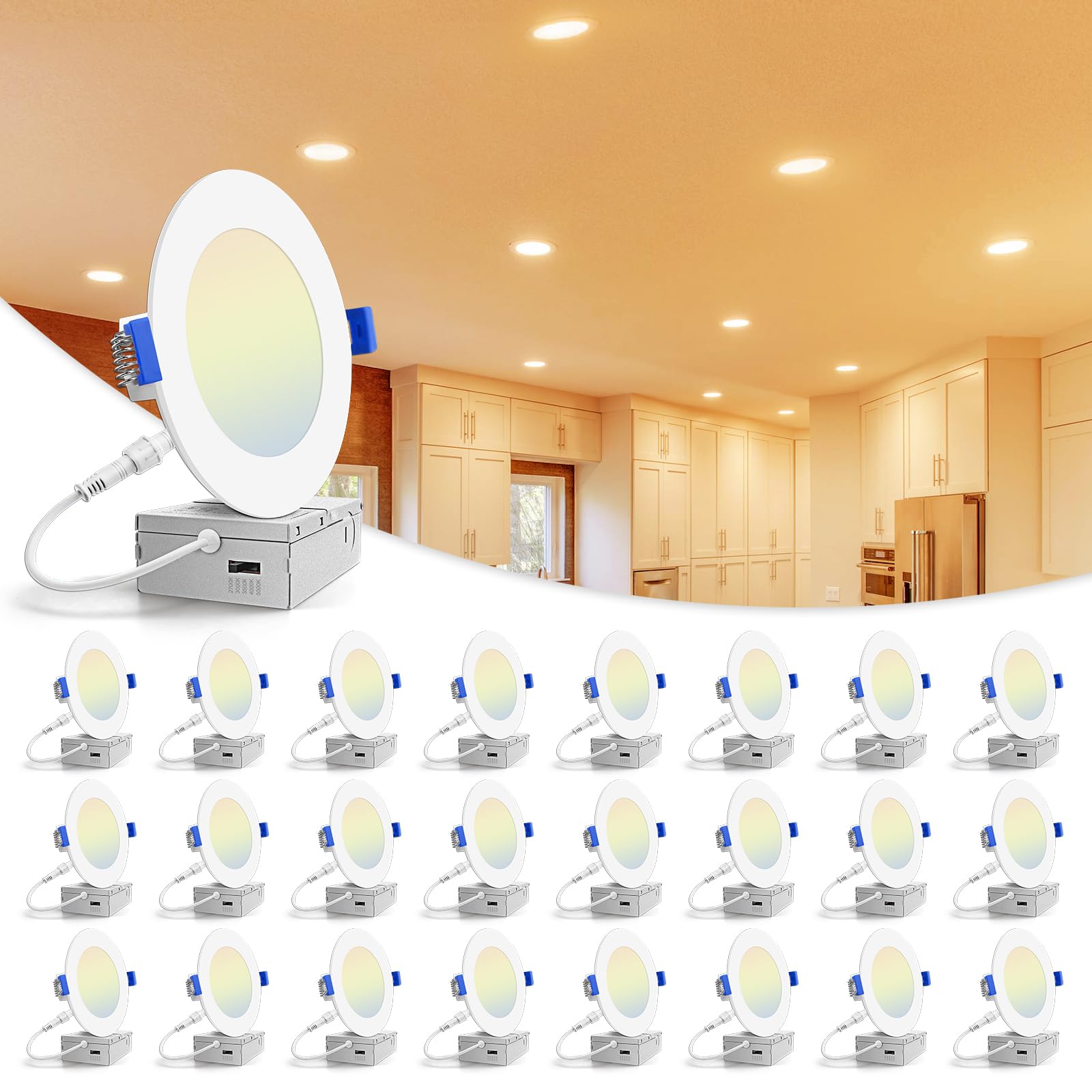VOLISUN 24 Pack 4 inch Recessed Lighting, 5CCT LED Recessed Light with Junction Box, 2700K-5000K Selectable, 9.5W Eqv 80W, 810LM
