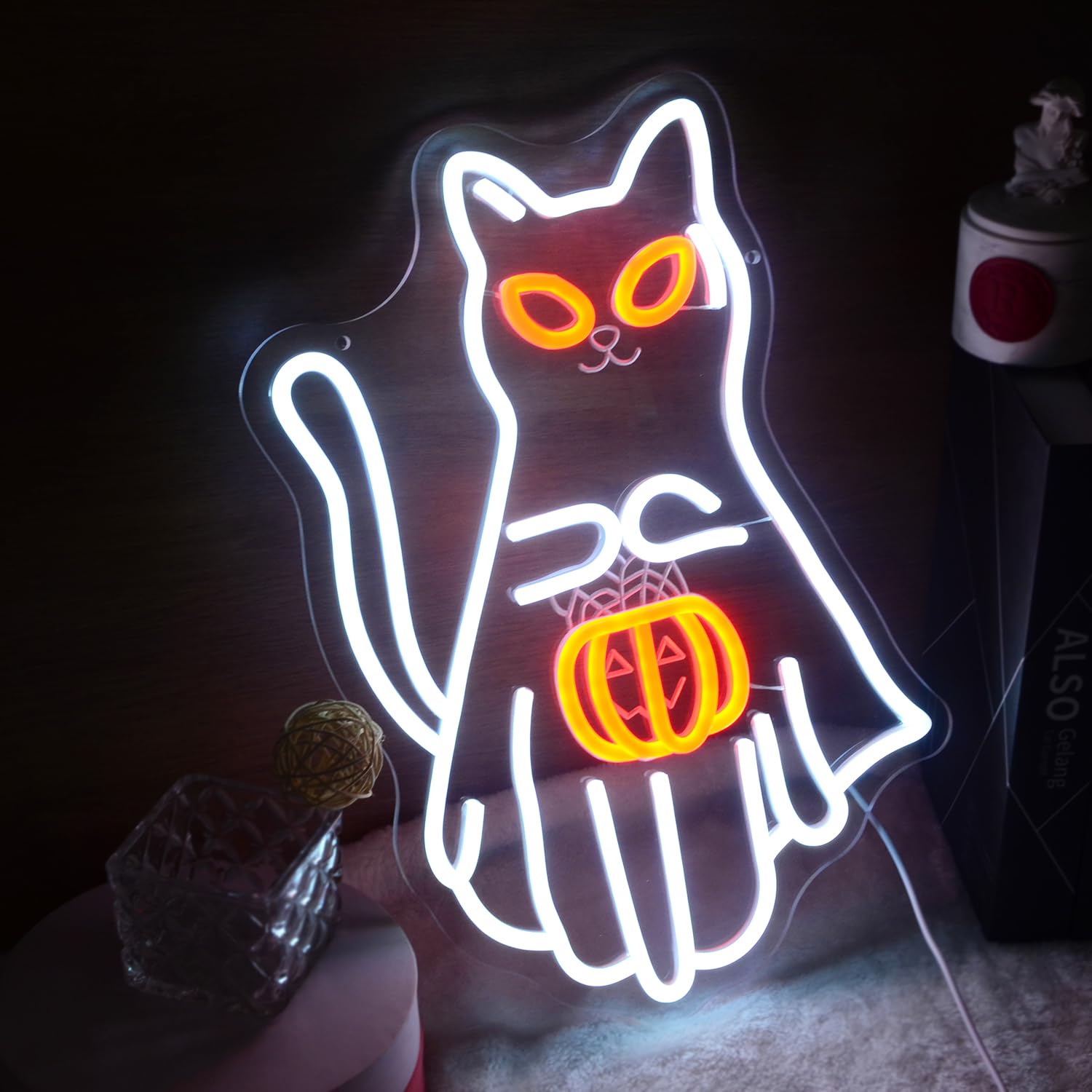 Wutrnjd Neon Light Sign - Cat Holding Jack-o-lantern, Acrylic, Halloween Decor, Trick-or-Treat, White Cat with Pumpkin