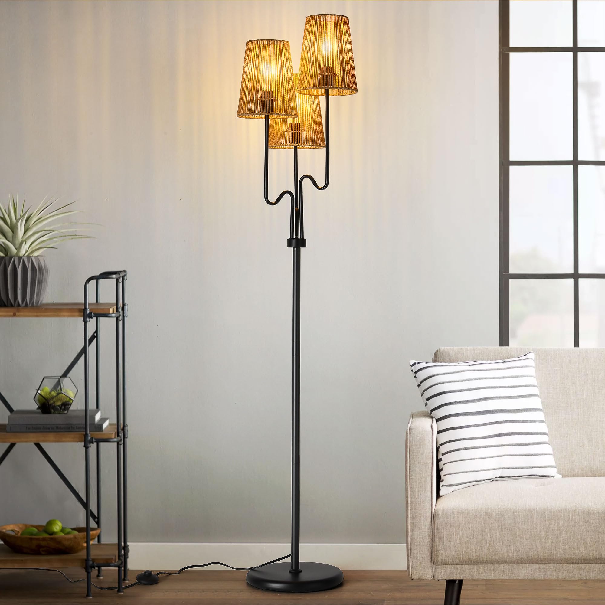 ZenGlimmer Boho Floor Lamp - 68in Rattan Shade, 3 Light Tree Design, Black, Metal & Woven, Model FL702, Ideal for Rustic & Coastal Decor