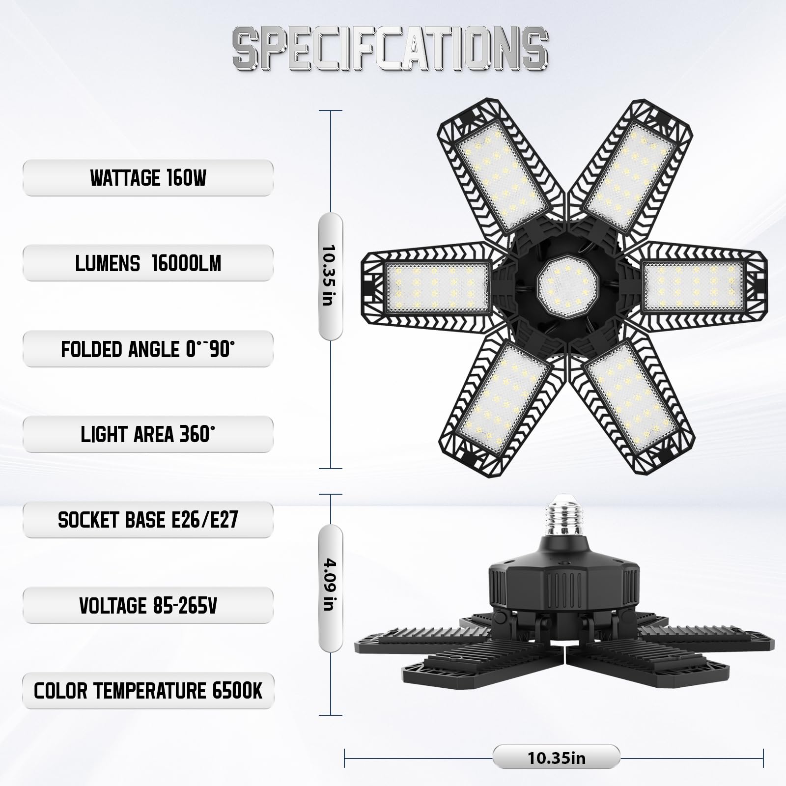 Topaubub Garage Light 4 Pack 160W, 16000Lm Led Lights For Garage With 6+1 Deformable Panels 6500K Screw In Led Shop Lighting For
