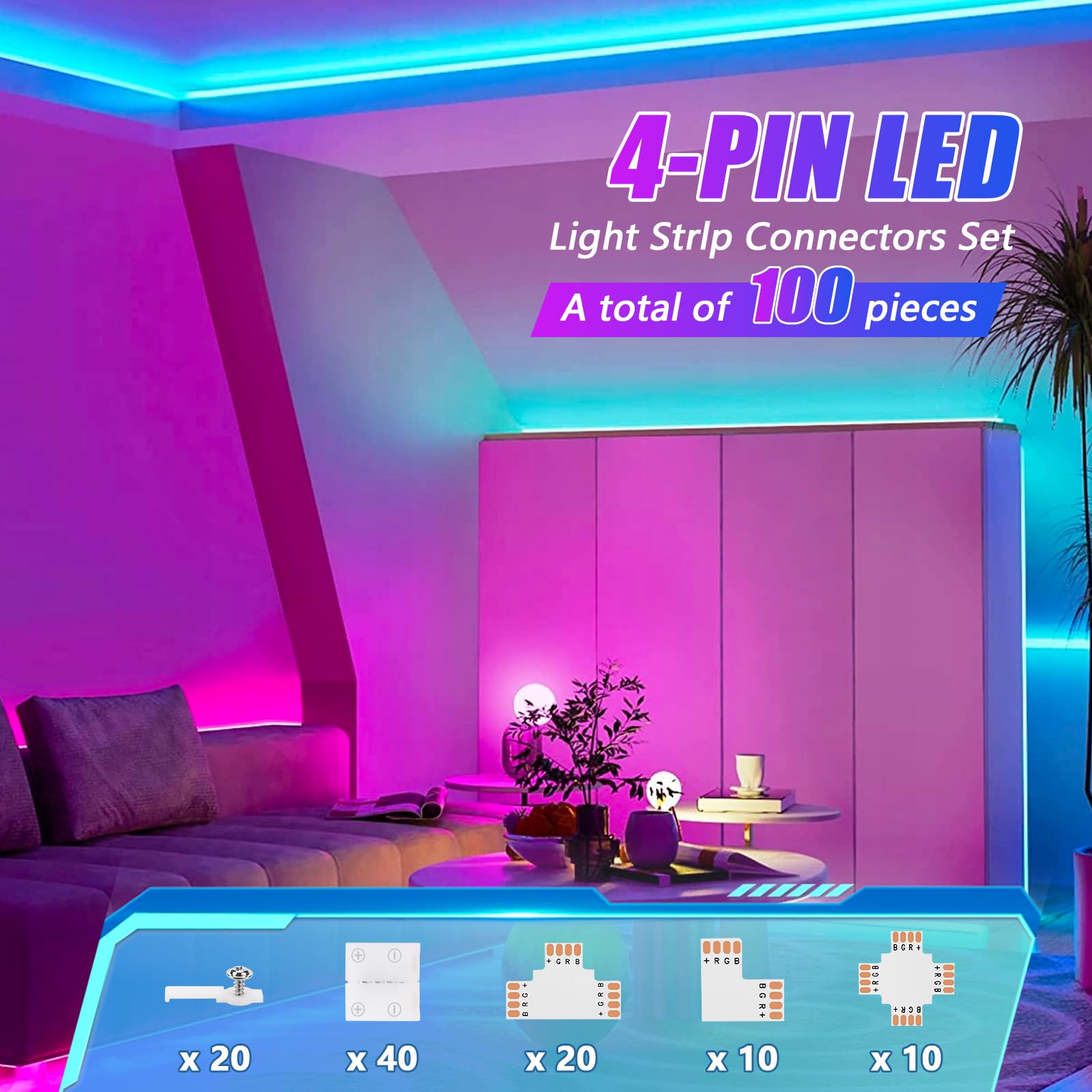 4-Pin 10Mm Rgb Led Light Strip Connectors, 100 Pieces Solderless And Gapless Adapter Terminal, Incl. Screw Clips, Cuttable T, L And X Shape For Smd 5050 Rgb Led Strips Extension And Connection